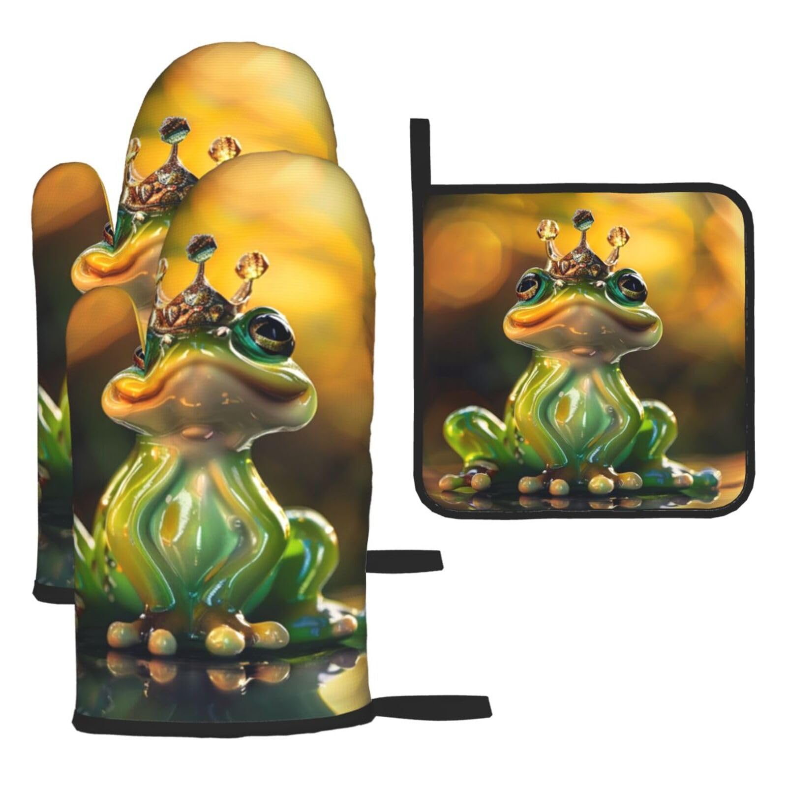 Oven Mitts and Pot Holders Set of 3 Heat Resistant Non-Slip Kitchen Gloves Hot Pads Crown Statue Frog Oven Mitts Kitchen Mittens Gloves Non-Slip Potholders for Cooking Baking Grilling BBQ