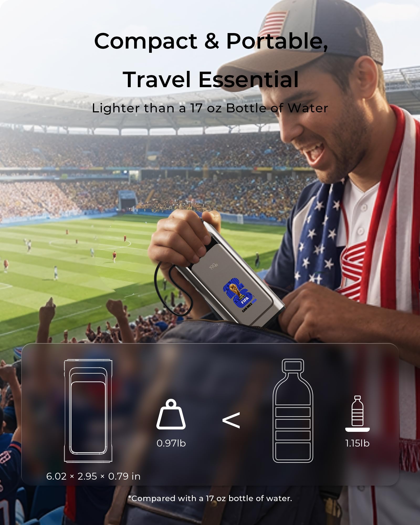 Power Bank con licenza FIFA 2026, 190 W, 20000 mAh, per laptop, caricabatterie portatile, 3 porte USB-C PD, ricarica rapida, con cavo USB-C integrato per MacBook, telefoni cellulari, iPhone, iPad