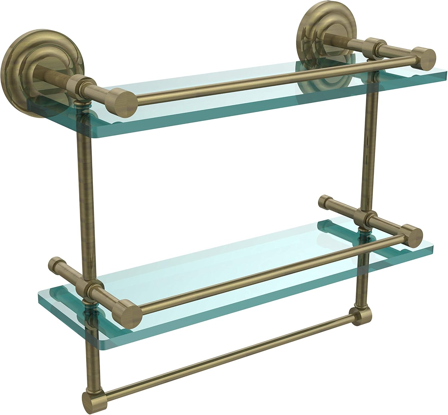 Black Friday Clearance Allied Brass QN-2TB/16-GAL-ABR 16 Inch Gallery Double Towel Bar Glass Shelf, Antique Brass