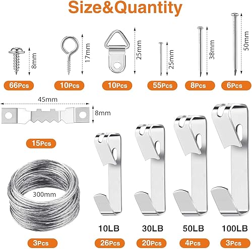 Miniatura 3 de Kit surtido de colgadores de cuadros para colgar cuadros, kit para colgar en la pared, 246 piezas, incluye clavos, alambre para colgar, ojos de