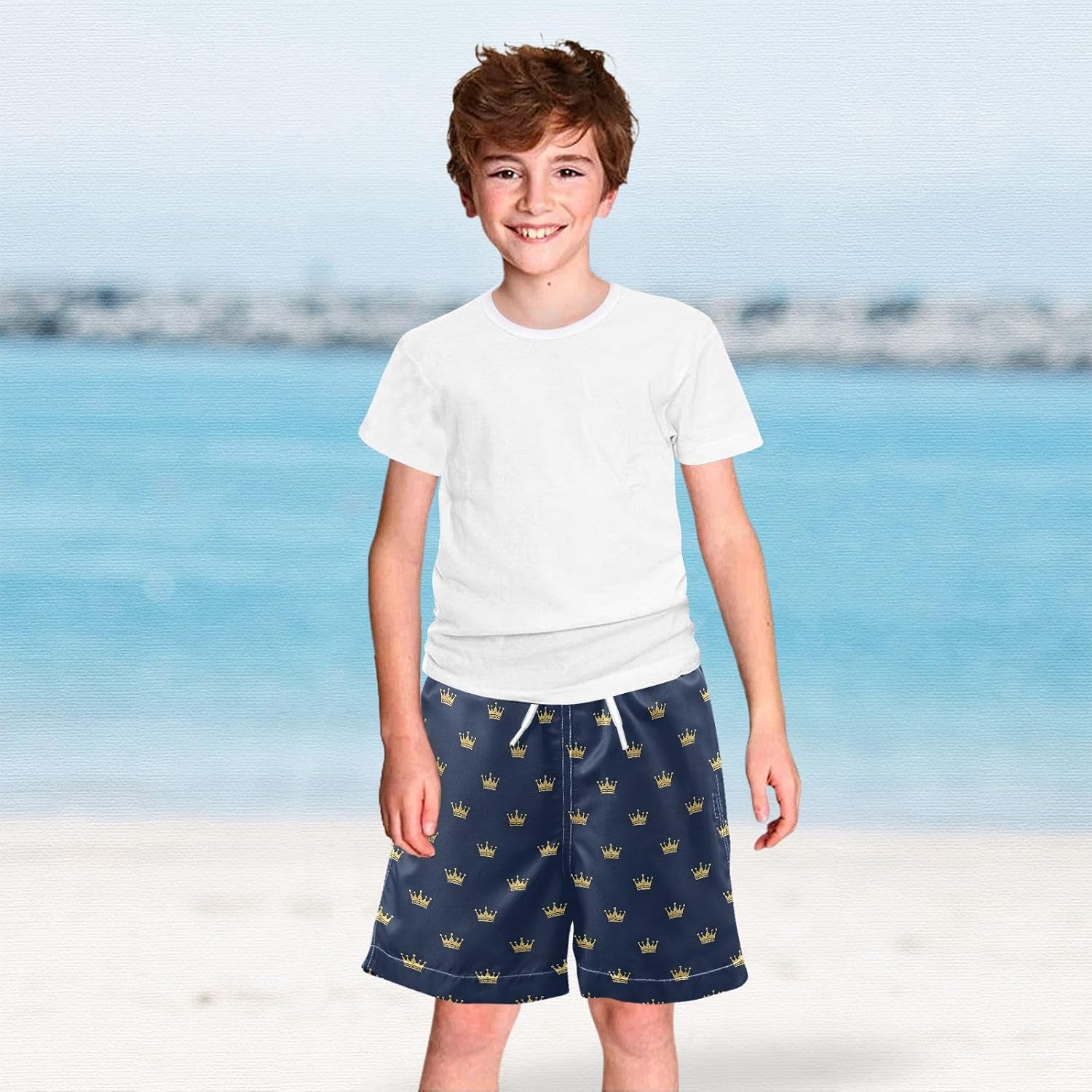 Boys Swim Trunks Navy Blue Crown Quick Dry Bathing Suit Swimsuit Toddler Beach Board Shorts Mesh Swimwear 2-12Y