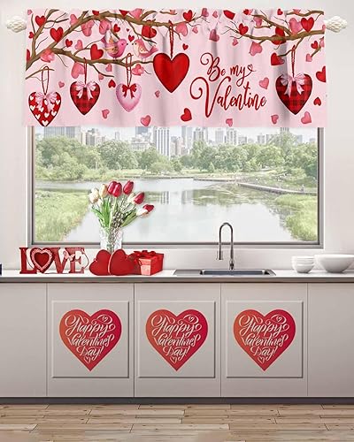 Miniatura 8 de Cortinas de cocina rosas para el día de San Valentín, cenefas para ventanas, diseño de corazón rojo, árbol de amor, bolsillo para barra, cortina