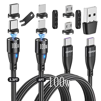 100W USB C Magnetic Charging Cable 2pack3.3ft+6ft, 6 in 1 Magnetic Fast Charging Cable, Magnetic USB C Charging Cable Compatible with Micro USB, Type C and All Devices