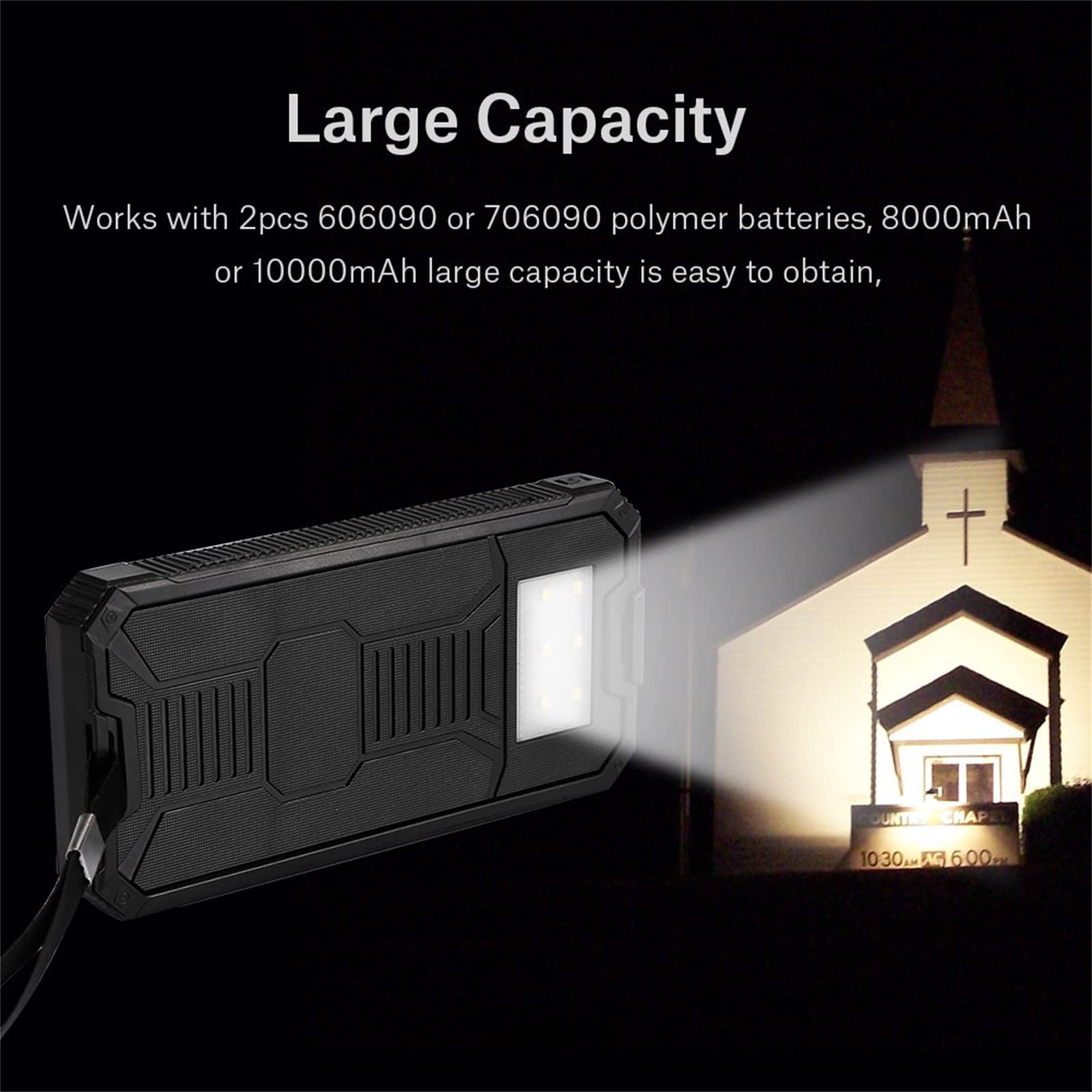Chargeur Solaire Power Bank 20000 mAh, 5V 2,1A PD QC 3.0, Double Port USB, Lampe de Poche Intégrée, IPX7 Étanche, Noir