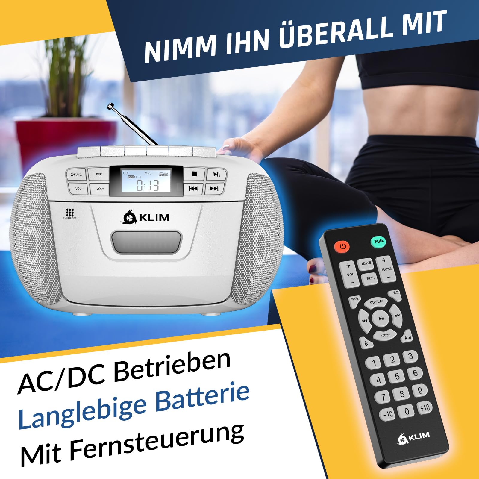 KLIM CD Player mit Kassette, Kassettenspieler, Kassettenrekorder, Radio mit CD und Kassette, CD Player mit Radio & USB, Bluetooth CD-Player, AM/FM Radio, Netz- und Batteriebetrieb - Weiß