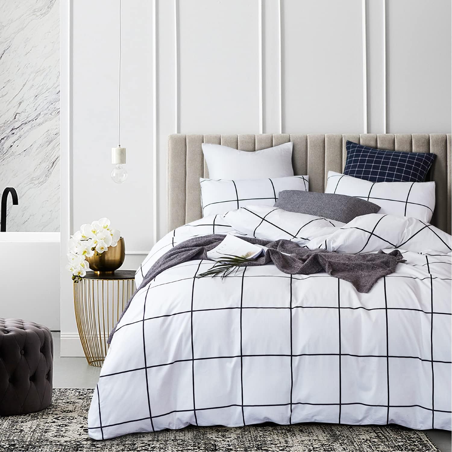 Pureant White Plaid Comforter Sets Full Size Black and White Grid Bedding Comforters Women Men Modern Simple Geometric Quilt Adults Teens White Buffalo Plaid Comforter Bedding Soft