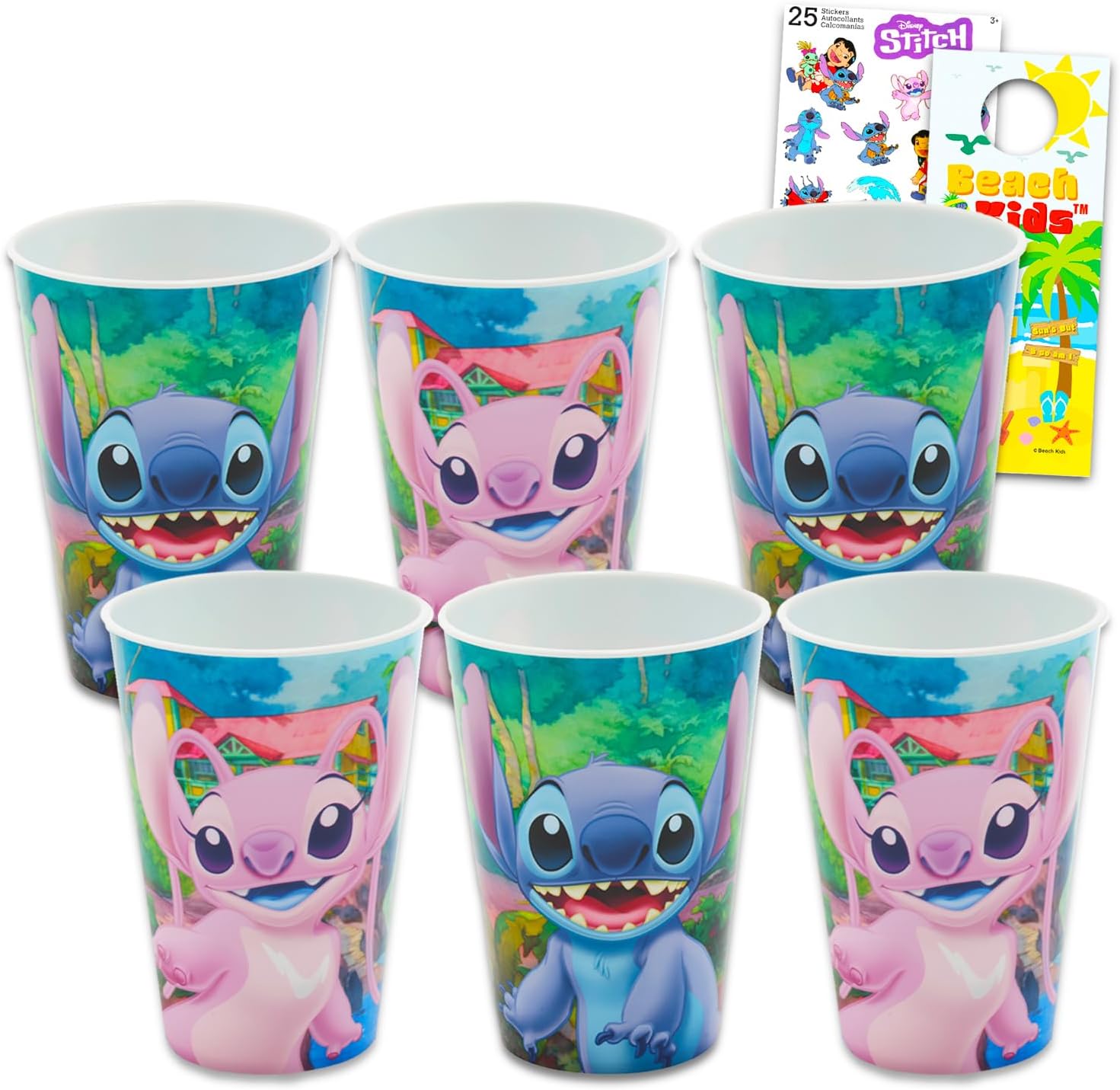 Disney Stitch 15 Oz Reusable Tumblers for Kids Party Favor 6 Piece Bundle with 15 Oz Cups Plus Stickers, More for Girls | Bulk Stitch and Angel Water Cups