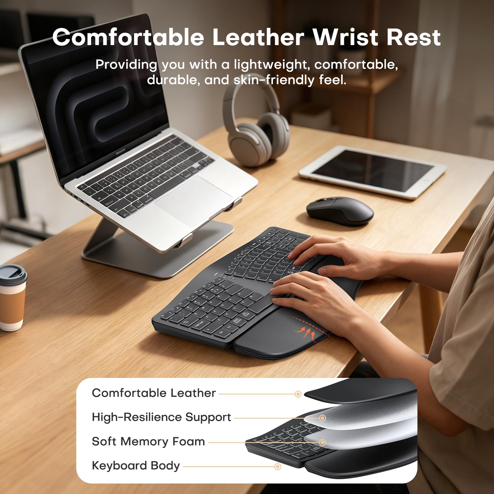 MOKURU Tastiera ergonomica senza fili, tastiera divisa con poggiapolsi, tastiera per computer BT 2,4 G, compatibile con Windows, Mac OS, PC/laptop (nero)