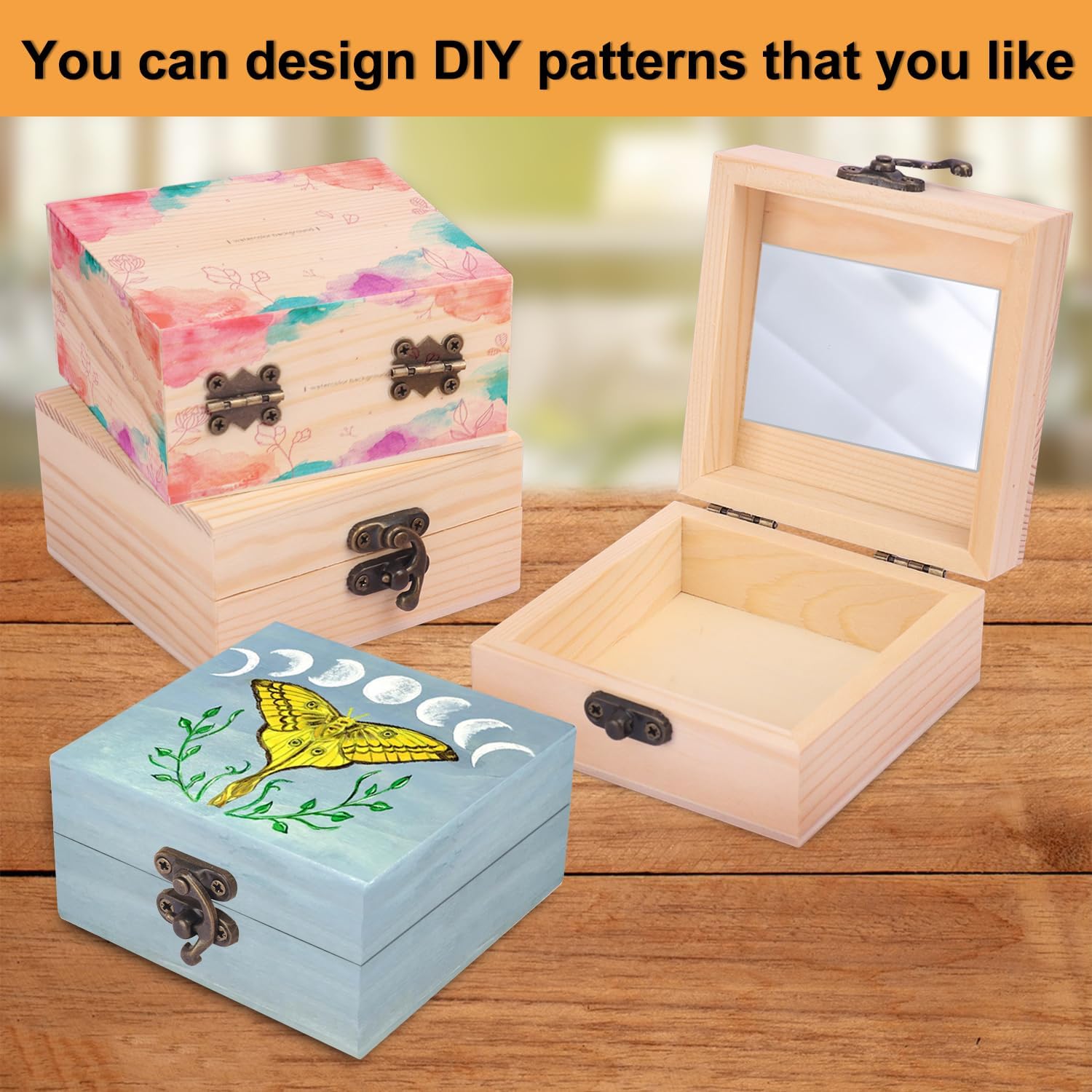 GNIEMCKIN 木製ボックス 未塗装の木製ボックス クラフト DIYプロジェクト ジュエリー収納 3.55x3.56x1.77イ