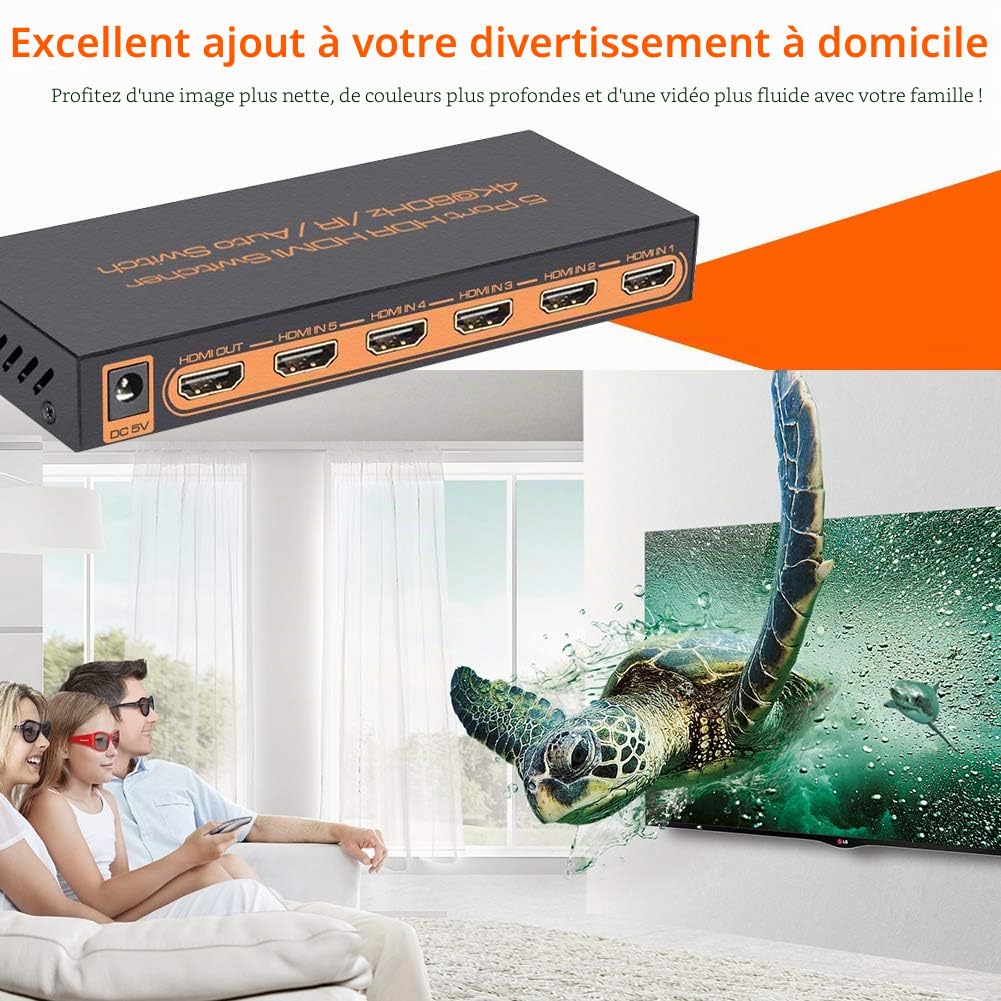 Switch HDMI 4k, 5 Entrée vers 1 Sorties Commutateur HDMI avec Télécommande IR Support 4K 60hz, 2K, 1080P, 3D, HDCP 2.2, UHD, HDR pour PS 3/4, XBOX One/360, Lecteur DVD, HDTV, Écran Projecteur