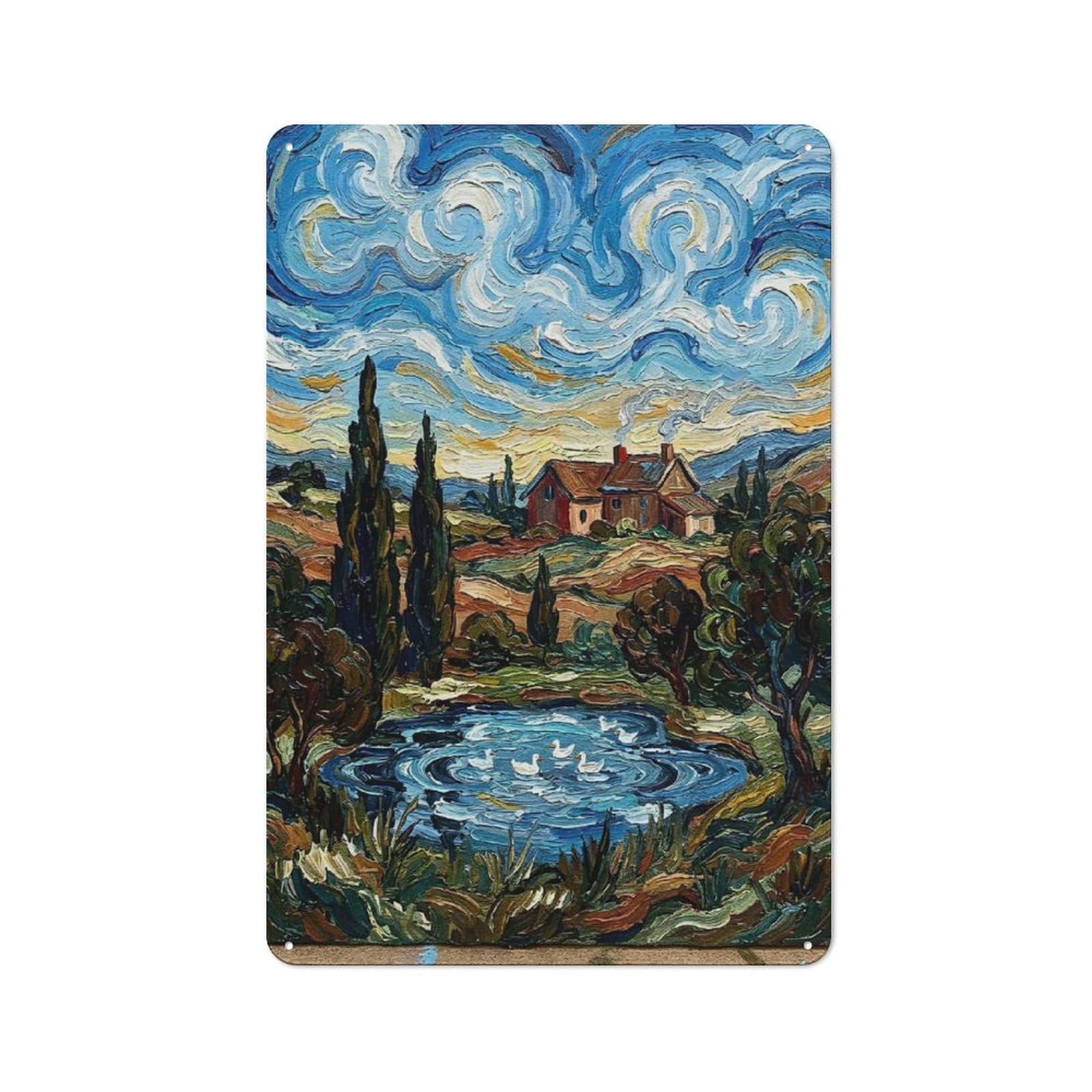 Junmoney Style-17 Vintage Metal Plaque 30X20cm Featuring Impressionistic Landscape With Ducks And House, Diner Style Decor For Restaurant, Kitchen, Counter Or Breakfast Nook