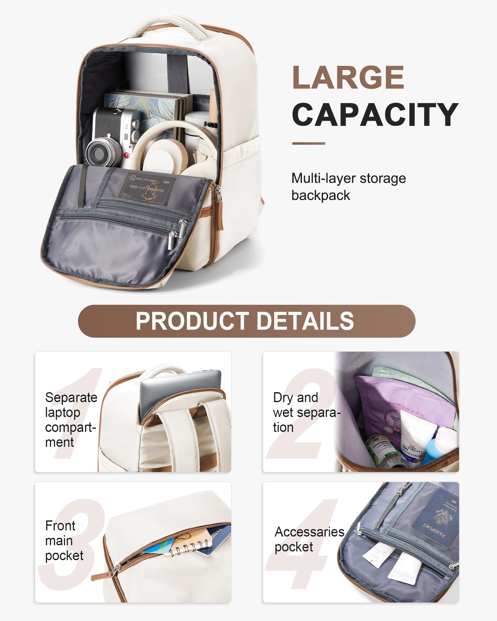 Zaino da Viaggio per Ryanair 40x20x25 Bagaglio a Mano Zaino Borse da Cabina per Ryanair Il Sedile Zaino Aereo Bagaglio a Mano Donna Borsa Cabina Viaggio Zaino Viaggio Casual Daypack,L4-Marrone beige