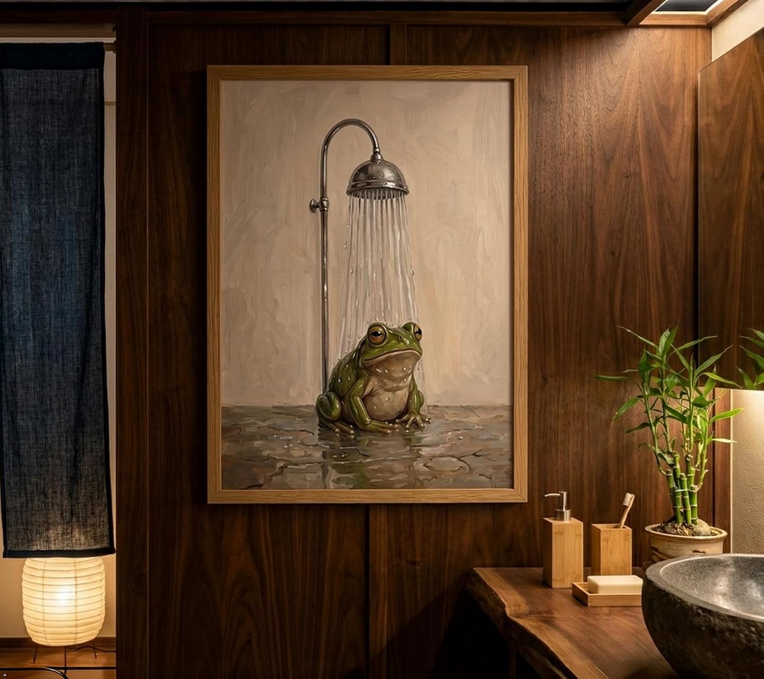 Wood Framed Vintage Funny Bathroom Frog Wall Art,Bathroom Animal Wall Decor image 2