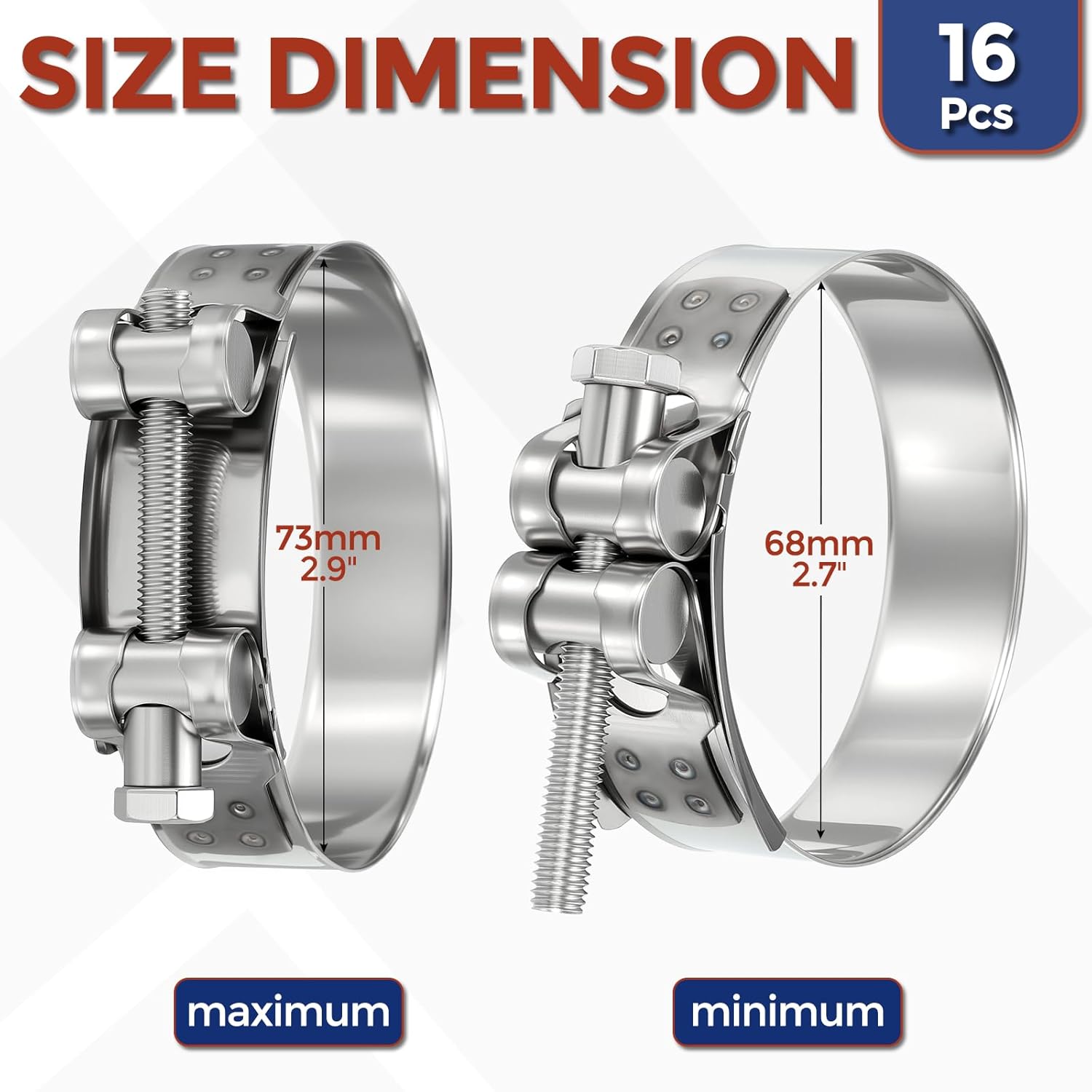 16Pcs 304 Stainless Steel T-Bolt Hose Clamp, Adjustable OD Range 2.7" to 2.9" (68-73mm) Heavy Duty Pipe Strap Clamp, Metal Fuel Line Clamping for Automotive, Plumbing, Industrial