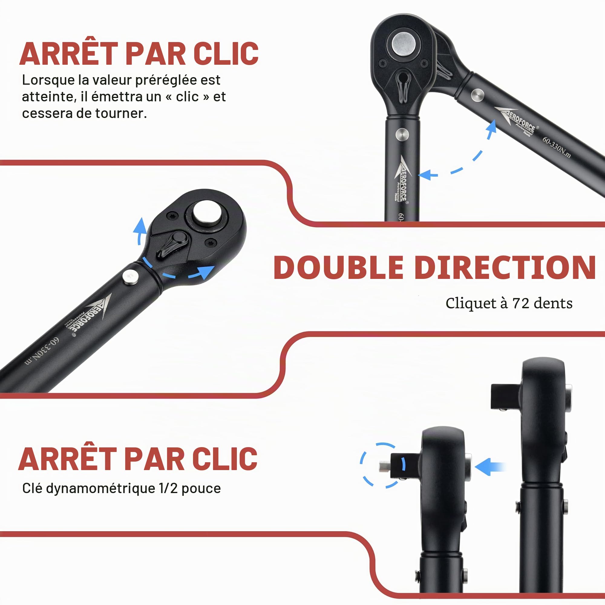 AEROFORCE Clé Dynamométrique 1/2" 60-330NM Précision ±3% 72 Dents Clé à Cliquet Réversible