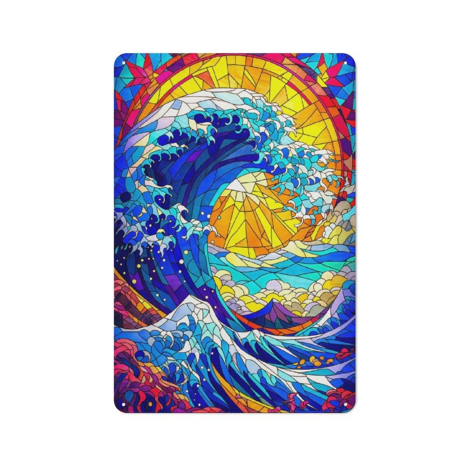Junmoney Style-2 For Hobby Room Or Studio, Stained Glass Kanagawa Rustic Tin Wall Plaque 30X20cm, For Vintage Wall Decor Fans, For Metal Sign Collectors