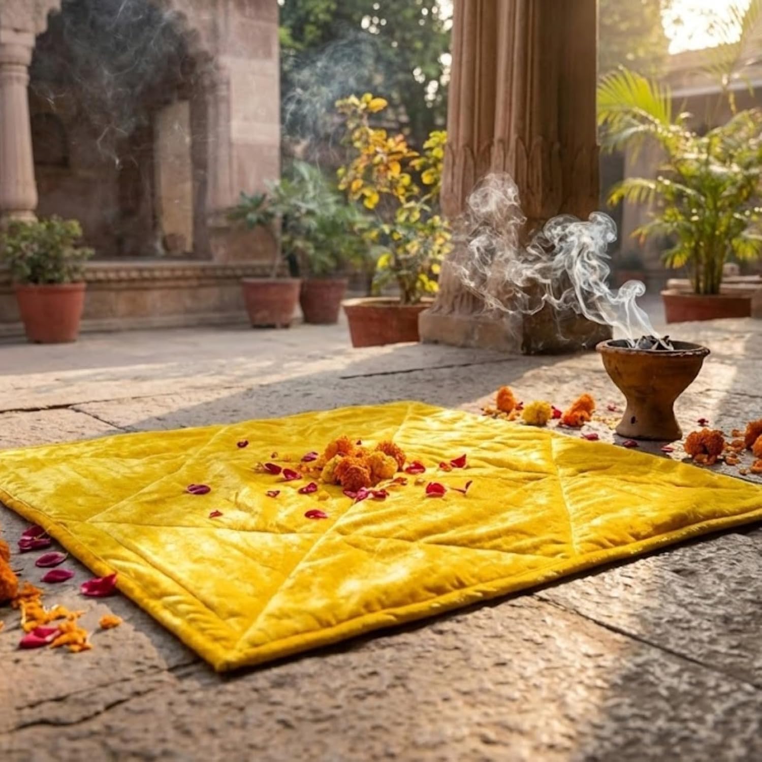 RUDRADHAM Pure Pooja Aasan Mat Puja Asan for Sitting Pooja Prayer Mat Velvet/Puja Mat/Meditation/Multipurpose Rug/Best in Quality (20X20) Handstitched RED/Yellow/Orange Colour (Yellow, Large)-image-30