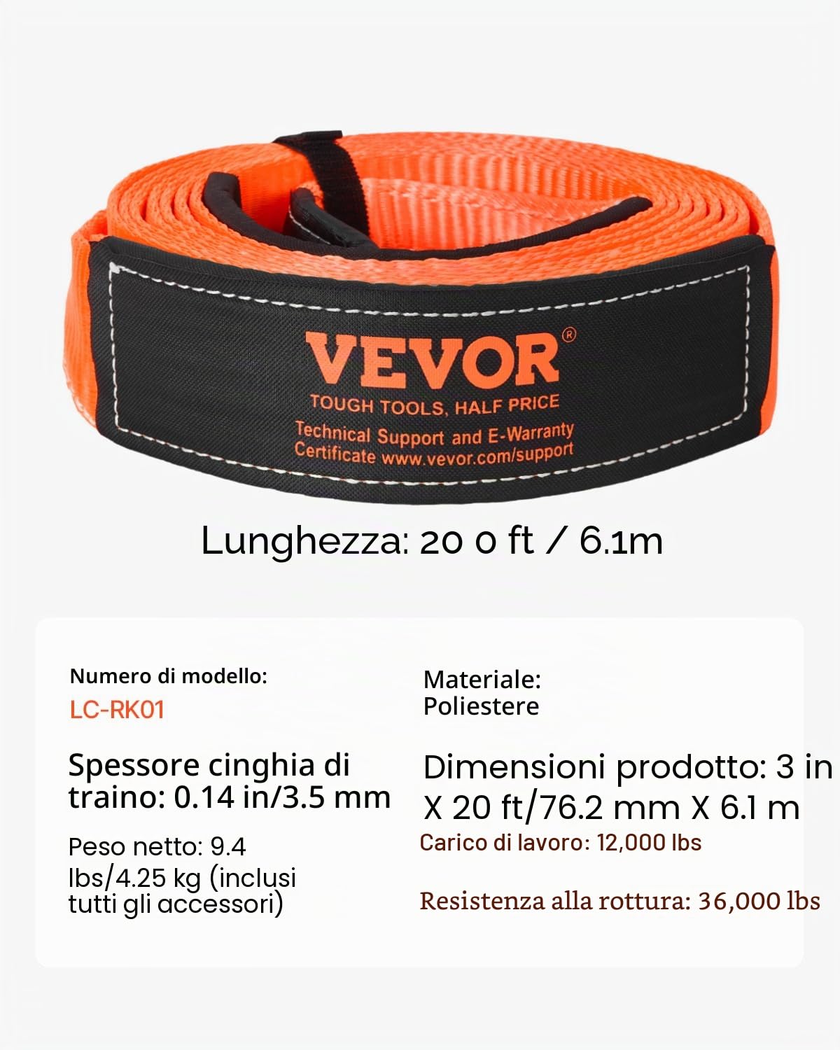 VEVOR Kit di Recupero con Cinghia di Traino per Impieghi Gravosi, Cinghia per Verricello Salva-Albero 76,2 mm x 6,1 m Resistenza alla Rottura di 16329 kg Triplo Anello Rinforzato, per Jeep, SUV, ATV