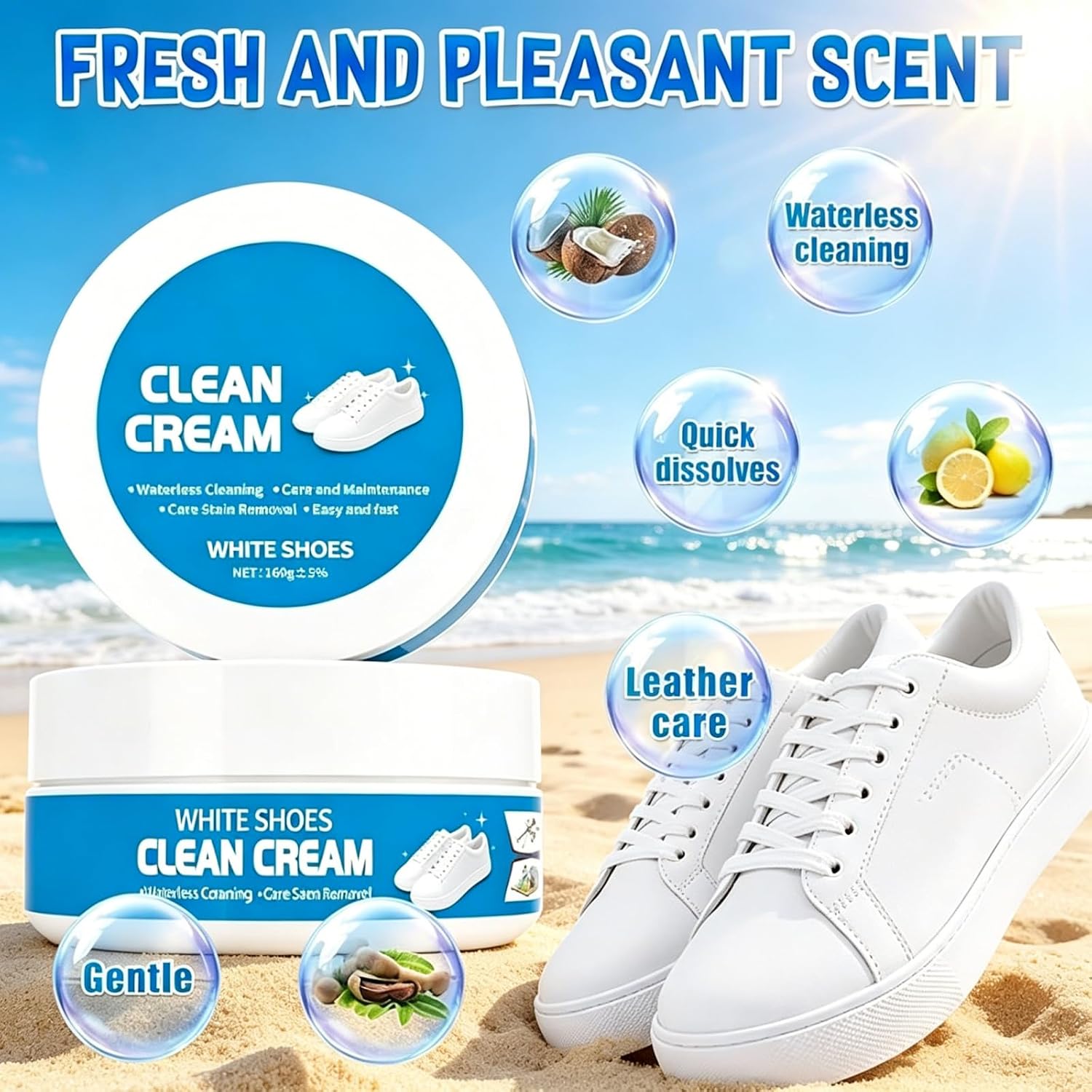 White Shoe Cleaner Cream, Multipurpose No-Wash Solid Cleaning Paste with Sponge, Removes Stains & Dirt, White Shoes Clean Cream for Leather Sneakers Soles Canvas(2Pcs)