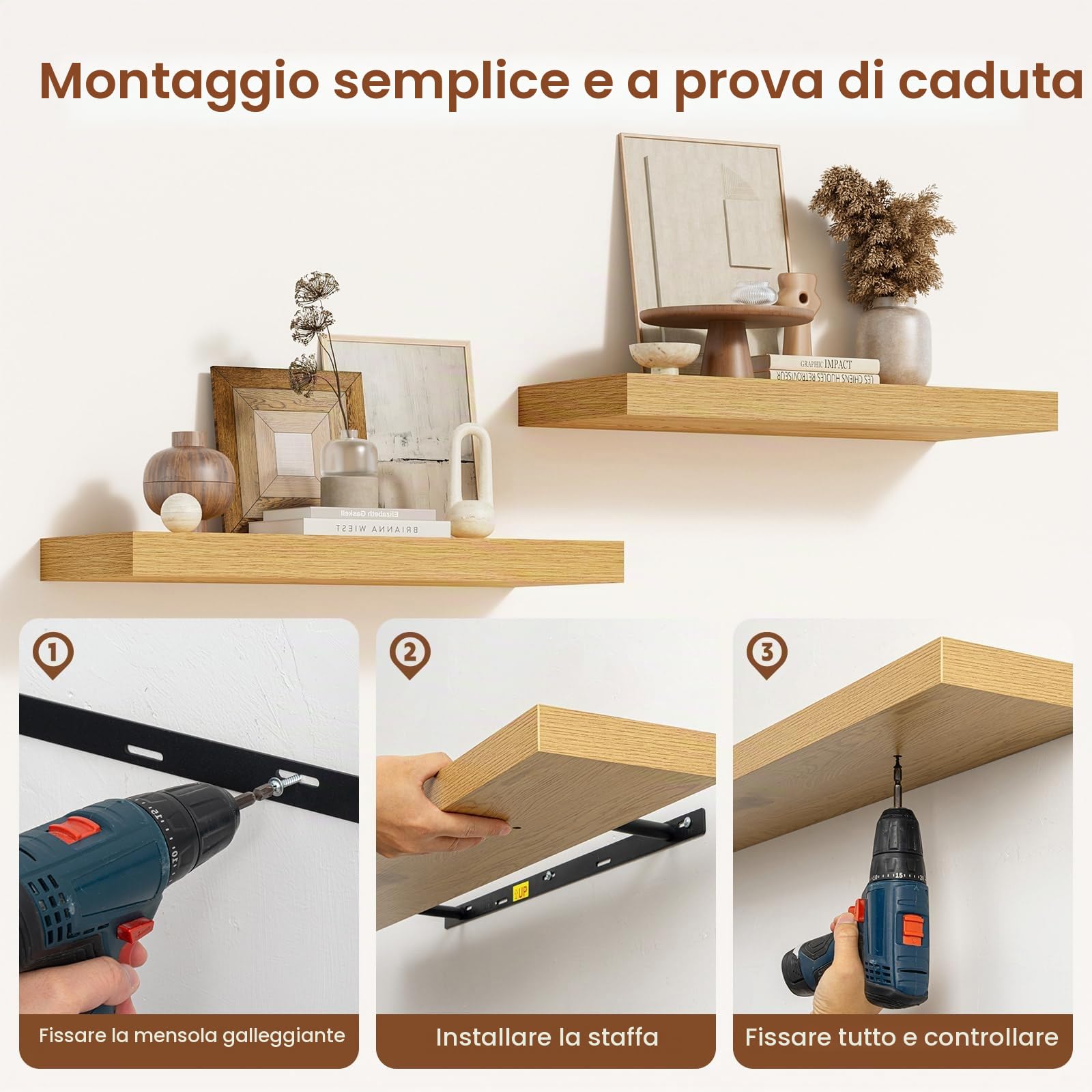 Feihorrm Mensole Sospese, Mensole Da Parete, Mensola Da Parete Profonda 16.5 cm, Mensole In Rovere Da 40 cm, Scaffali Per Bagno, Camera Da Letto, Soggiorno E Cucina, Rovere, 40 x 16.5 x 3.1 cm