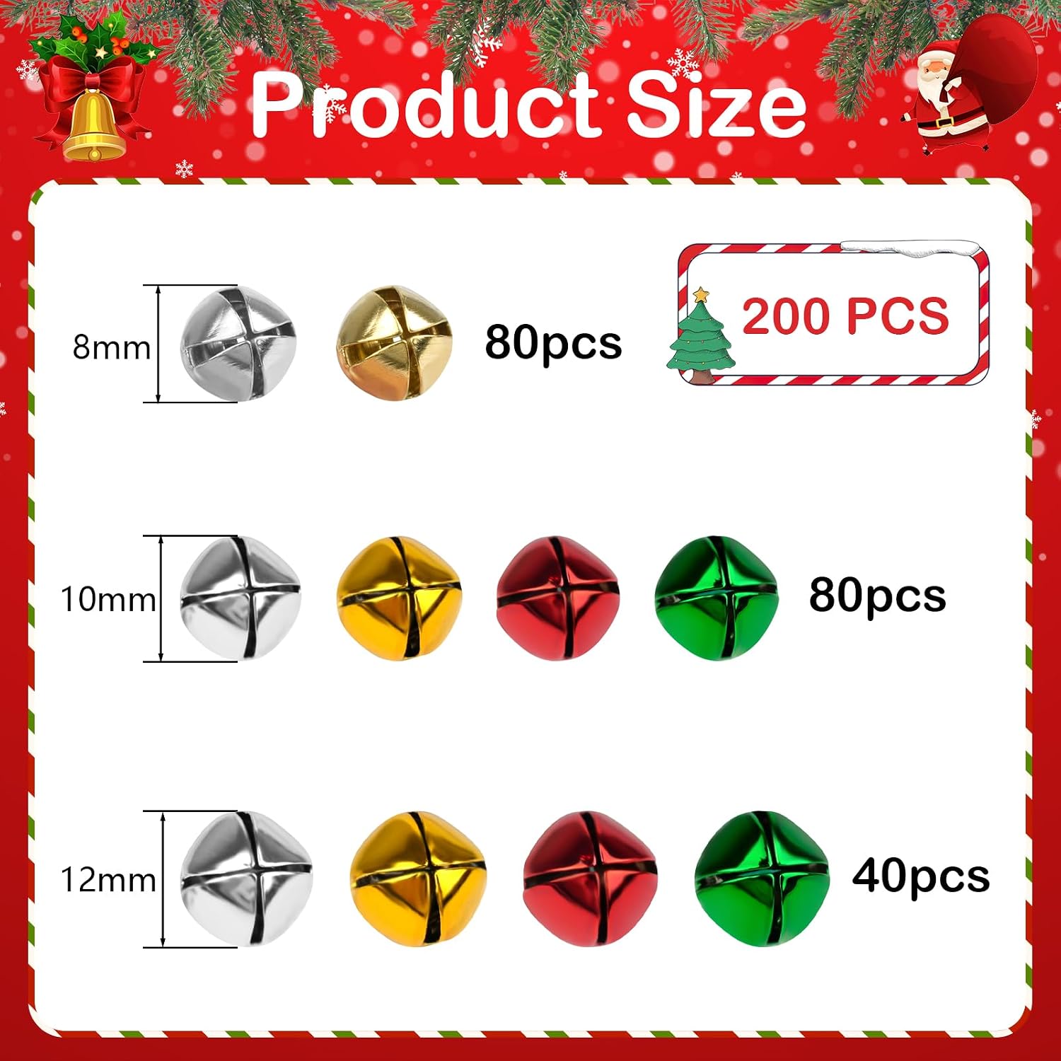 200 PCS Jingle Bells for Crafting, 3 Sizes Small Christmas Bell Decorations