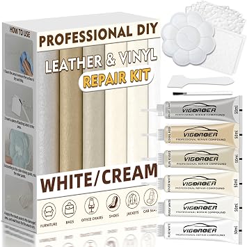Vigorder Cream Leather Repair Kit for Furniture, Vinyl Repair Kit for Car Interior, Sofa, Jacket, Purse Super Easy Instructions to Fix Scratches, Tears, Holes, and Peeling