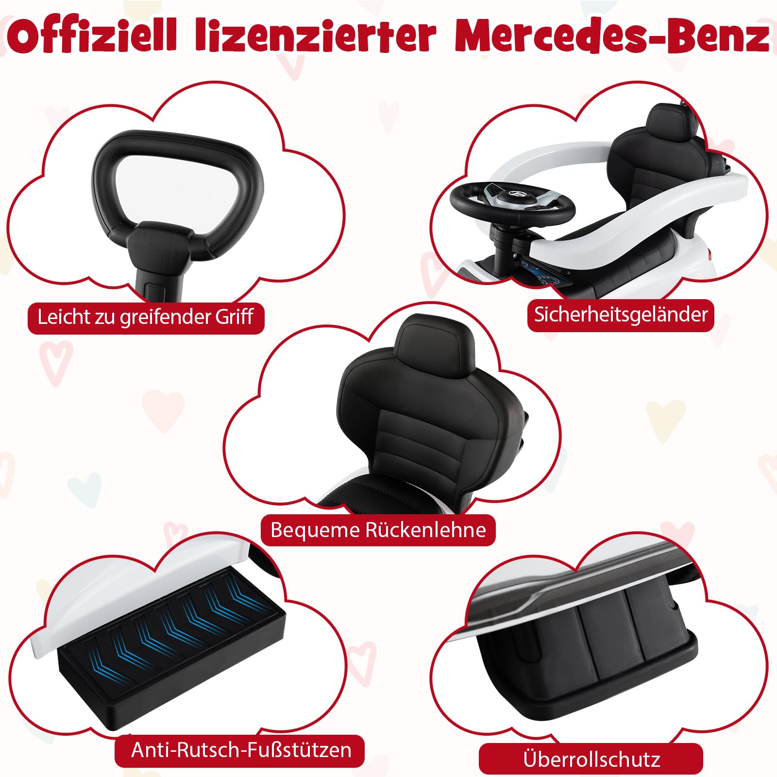 GOPLUS 3 in 1 Schiebeauto, Rutschauto Mercedes-Benz mit verstellbarem Verdeck und Stauraum unter dem Sitz, Rutschfahrzeug mit realistischen Geräuschen für Kinder von 18–36 Monaten (Weiß)