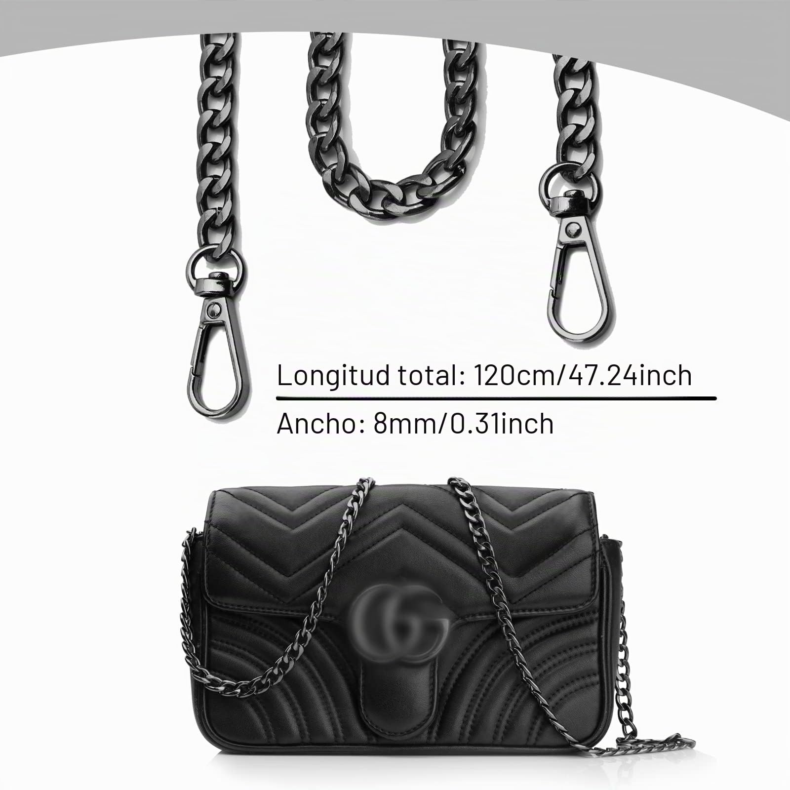Correa de Cadena Langosta Negro, 120CM Cadena de Bolsa de Metal, Reemplazo Cadena Bolso, DIY Bolso de Mano Cadena para Bolso de Mano Hombro Cruz Cuerpo Bolsa