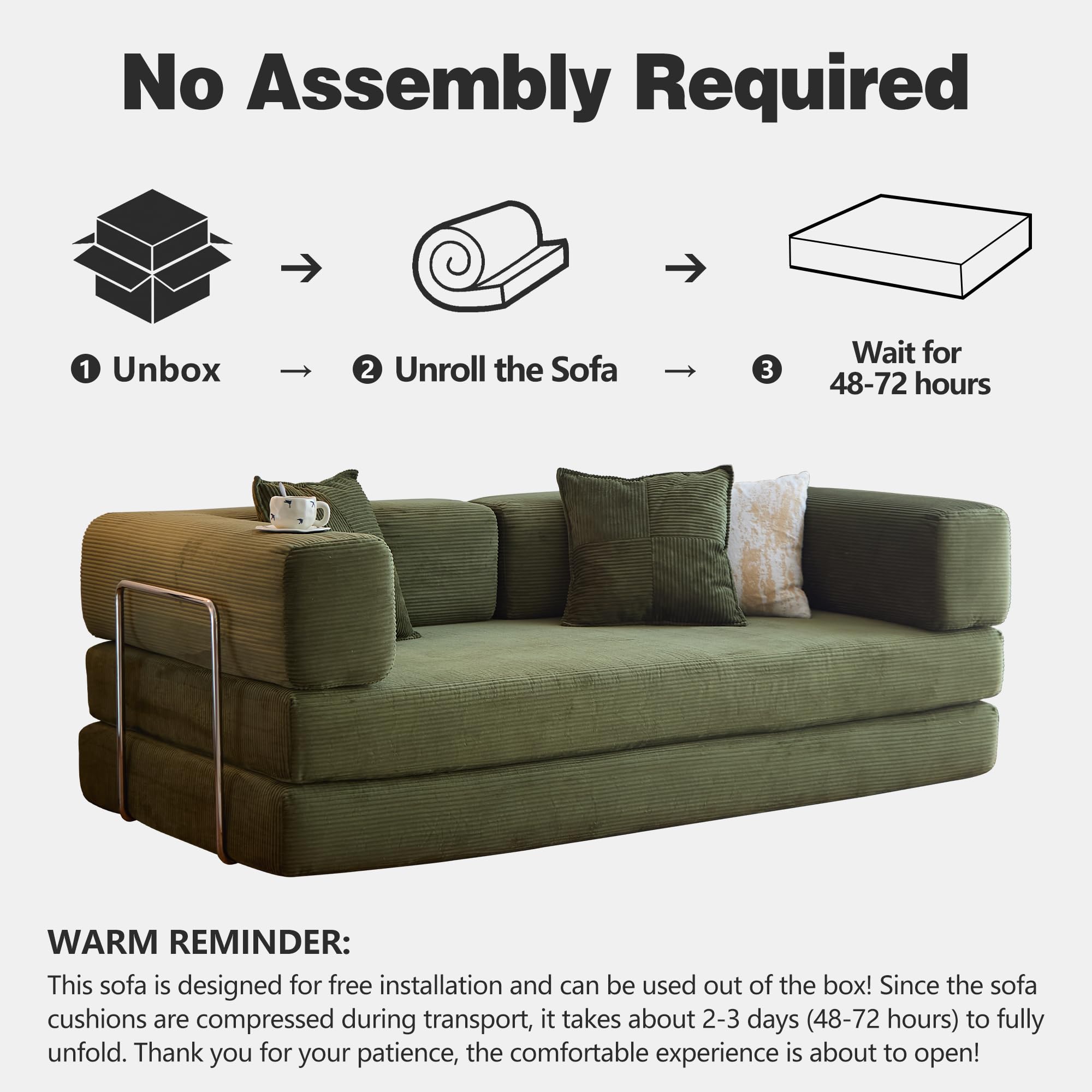 78.8" Convertible Sofa Bed - Compression Sofa with Corduroy Fabric - with Armrests and Backrest - Modular Sectional for Living Room, Bedroom, Studio - Compression Sofa in Box (Grey): 78.8IN Green