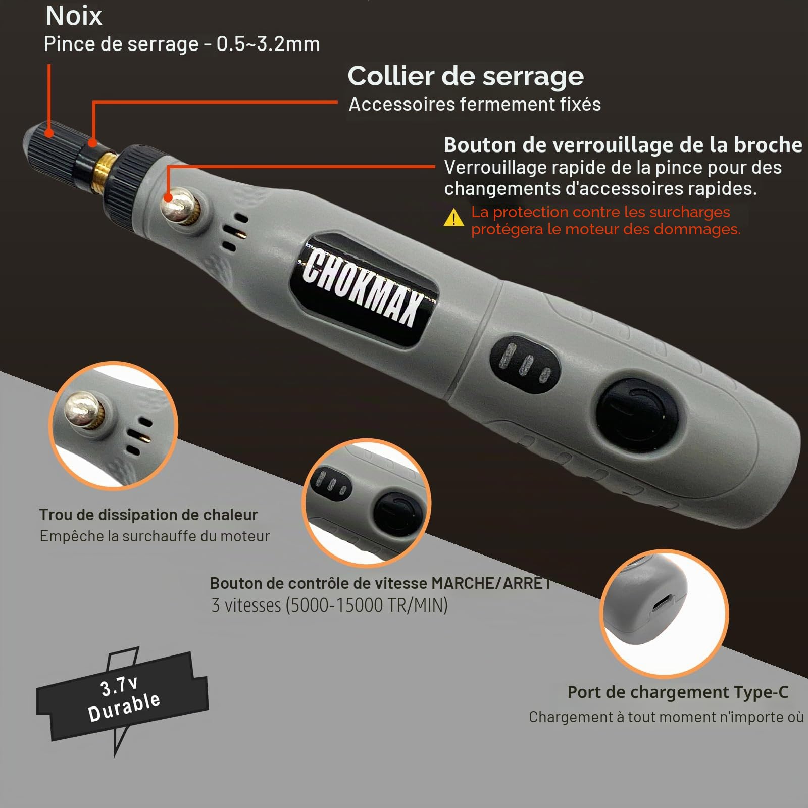 Outil rotatif sans fil 3 vitesses, kit avec 72 accessoires pour nettoyage, ponçage, polissage, perçage et petits travaux manuels