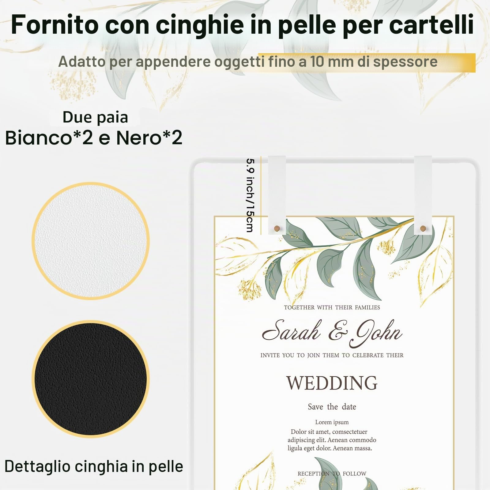 Supporto per cartelli matrimonio di 1,7M cavalletto per poster di matrimonio di festa, con luci a LED di 6M e 4 cinghie in pelle, cavalletto pesante per tabelle dei posti, ricevimenti e decorazioni