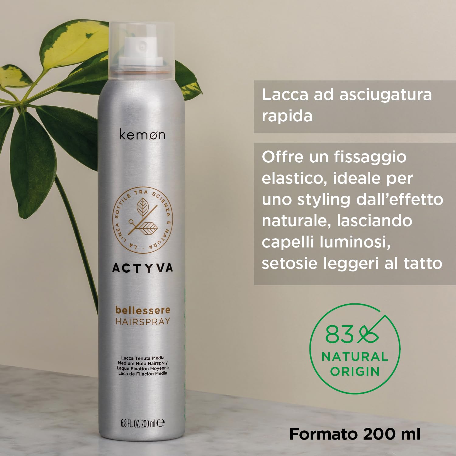 Kemon Actyva Bellessere Hairspray do włosów, szybkoschnący lakier do włosów z naturalnym efektem rozświetlającym - 200 ml