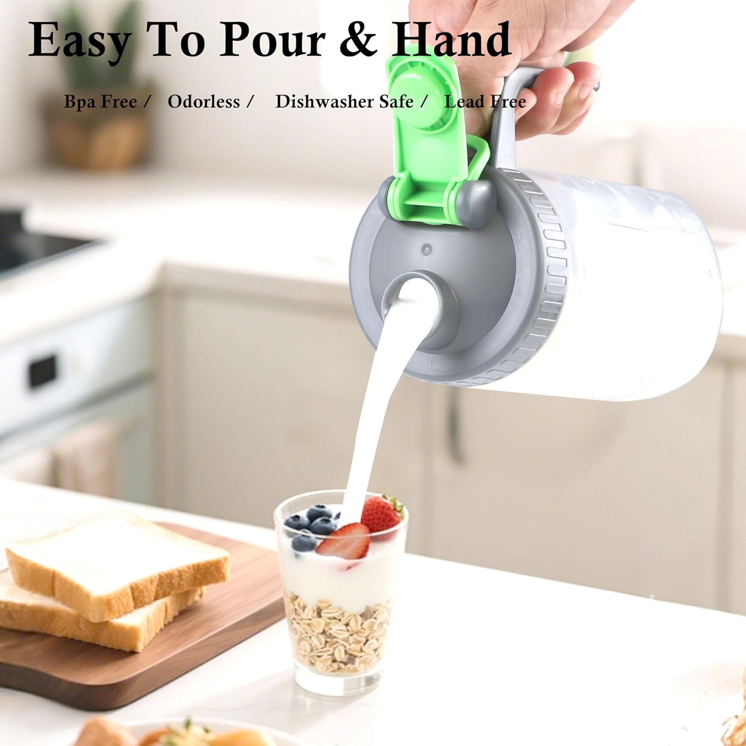 Mason Jar Pitcher With Pour Lid 32 Oz Glass Breast milk Storage Jug 1 Quart Wide Mouth Glass Tea Pitcher With Handle Creamer Container For Fridge Juice, Cold Brew Coffee,Lemonade,Beverage 2 Set - Image 6