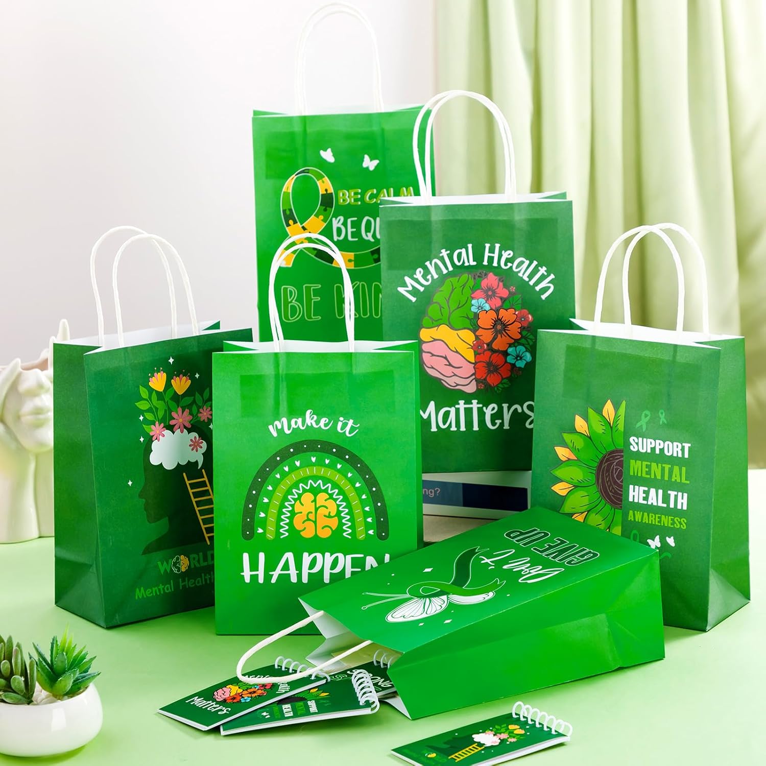 Kolldenn 60 Pcs Mental Health Gift Bags Bulk Mental Health Awareness Party Treat Green Ribbon Xmas Kraft Paper Gift Bags with Handles for Public Charity Events Favor Party Supplies