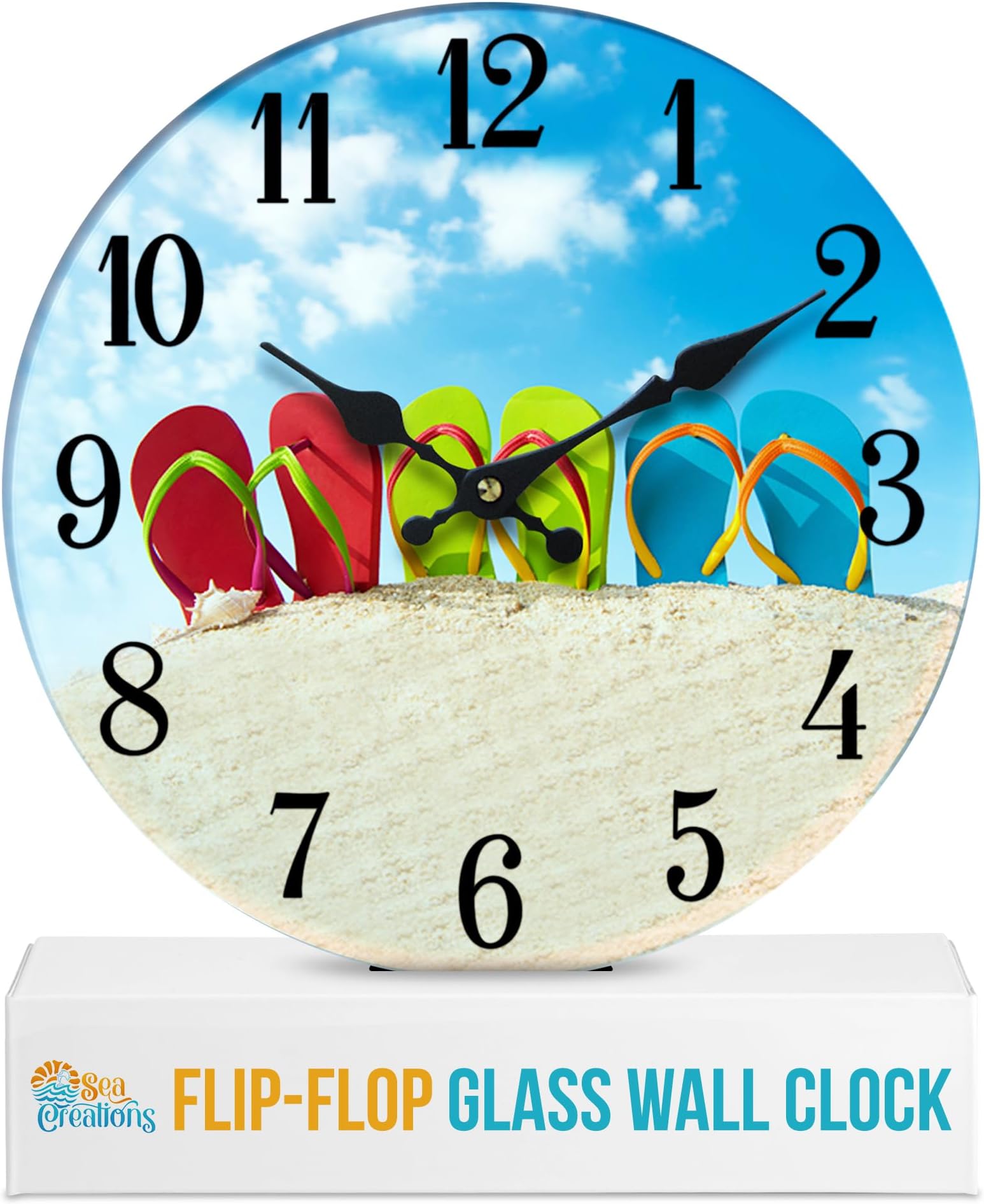 Flip-Flop Glass Wall Clock - Coastal Nautical Beach Theme, Decorative Timepiece, Ideal for Living Room, Bedroom, Beach House - Beachy Wall Clocks, Beach Clocks Wall Decor 13" Multicolor
