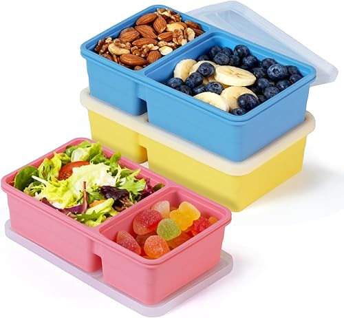 Paquete de 3 recipientes de silicona con tapas, 12 onzas de doble compartimento reutilizable, caja Bento para niños, cajas de almacenamiento de