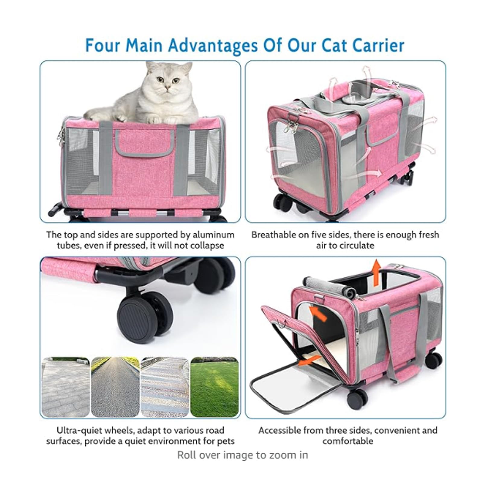Yctze Transportín para Mascotas con Ruedas, Asa Telescópica y Correas para Gatos y Perros pequeños: Solución de Viaje Práctica (Pink)