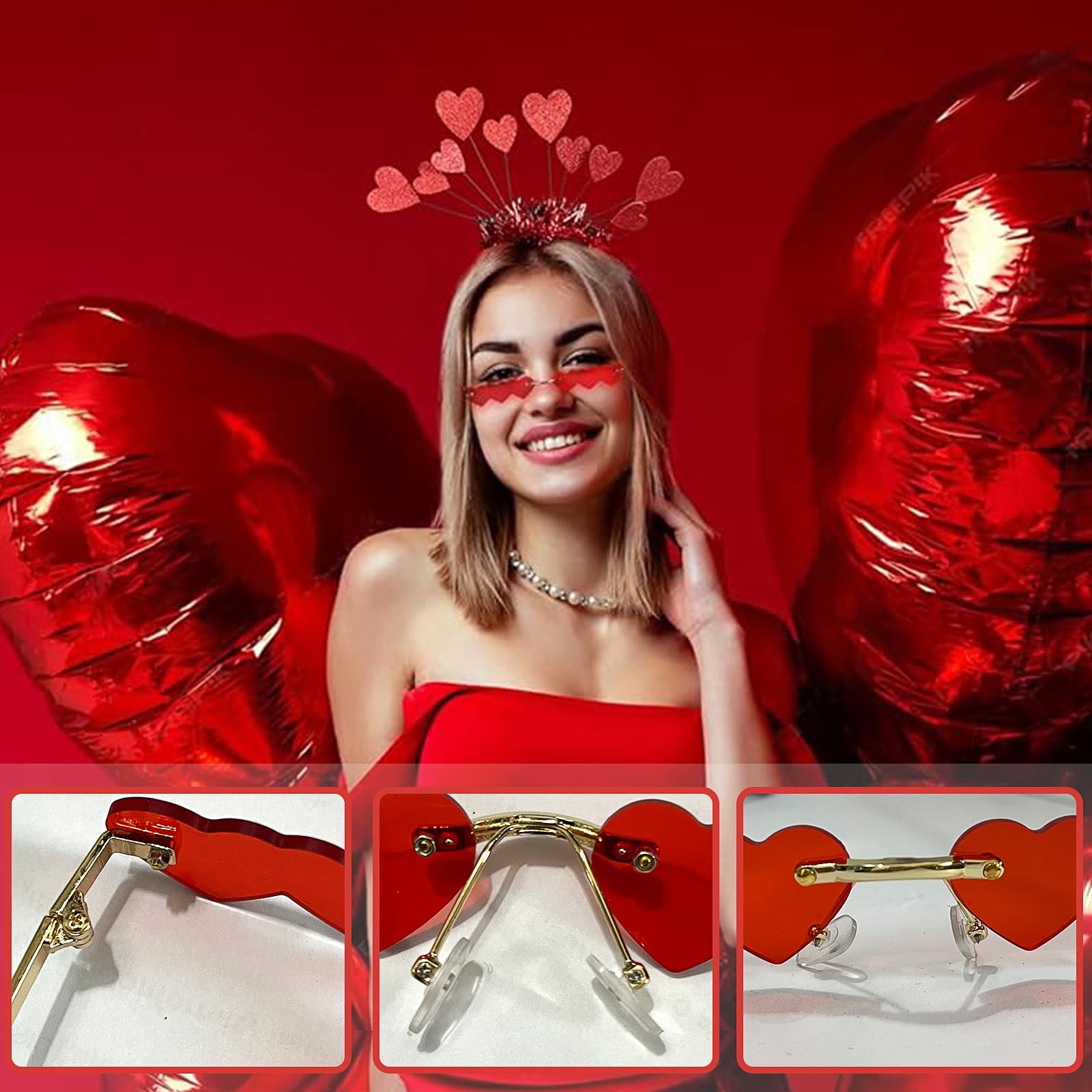 HXUING Heart Headband Glitter with Heart Shape Glasses, Heart-Shaped Headband, Heart Headband, Red Sequins, Heart Headband - Image 4