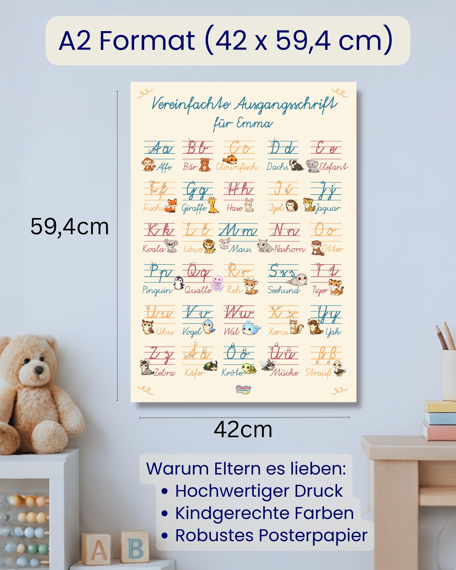 Personalisiertes ABC Schreibschrift Lernposter A2 - Vereinfachte Ausgangsschrift (VA) - Alphabet Poster mit Groß- und Kleinbuchstaben für die Grundschule - mit Wunschname