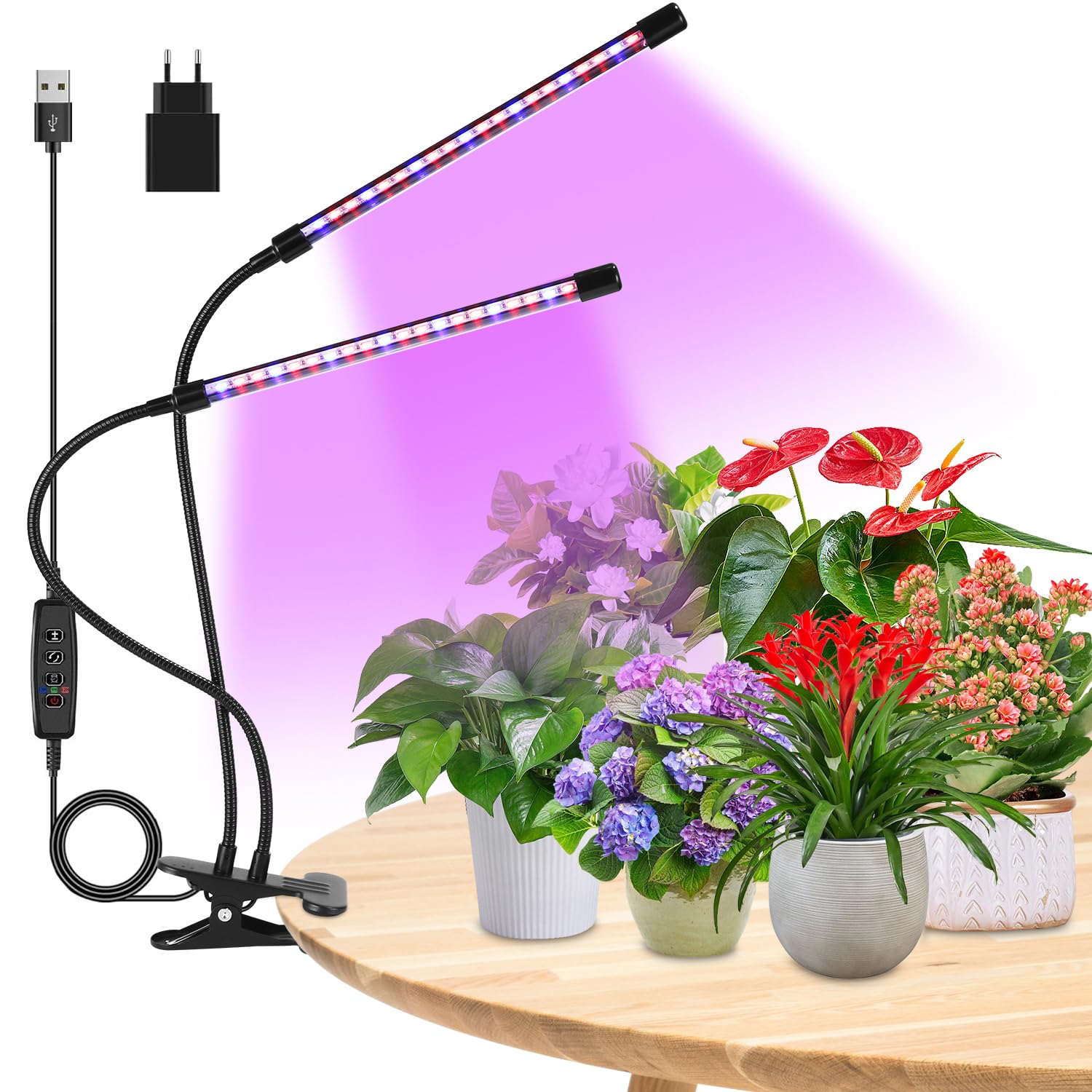 Pflanzenlampe LED Vollspektrum, 2 Heads Wachstumslampe für Pflanzen mit Timer & 10-Stufig Dimmbar, Grow Light mit Auto ON & Off Timer für Hydroponik, Indoor-Garten, Blumen und Gemüse, Energiesparend