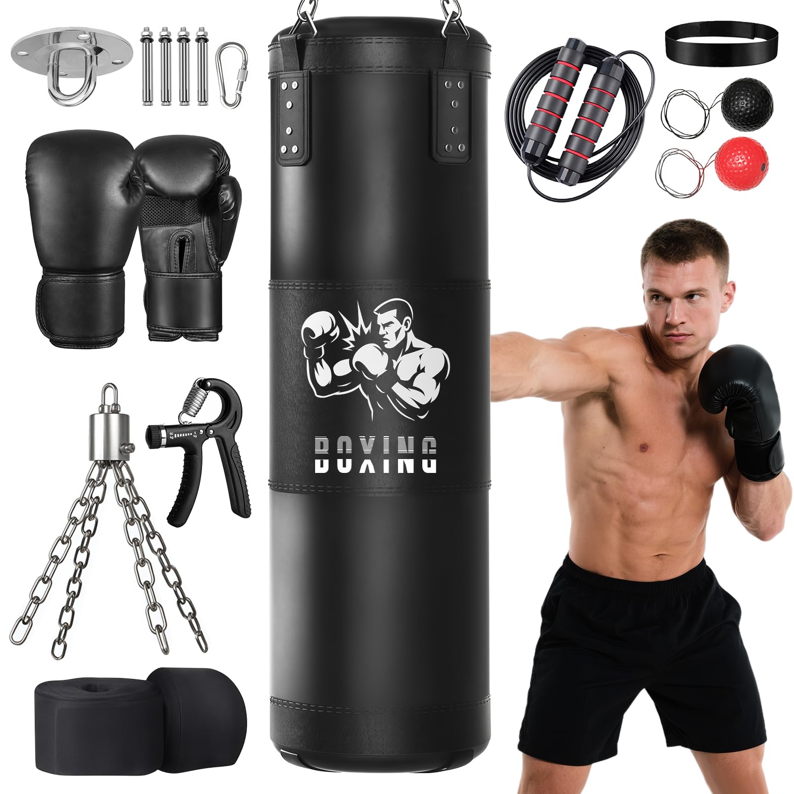 Sac de Frappe Adultes Ninonly 120CM Lourd Sac de Boxe avec Gants de Boxe Appareil de renforcement de la Force de préhension Corde à Sauter pour Kickboxing MMA Muay Thai-Non Rempli