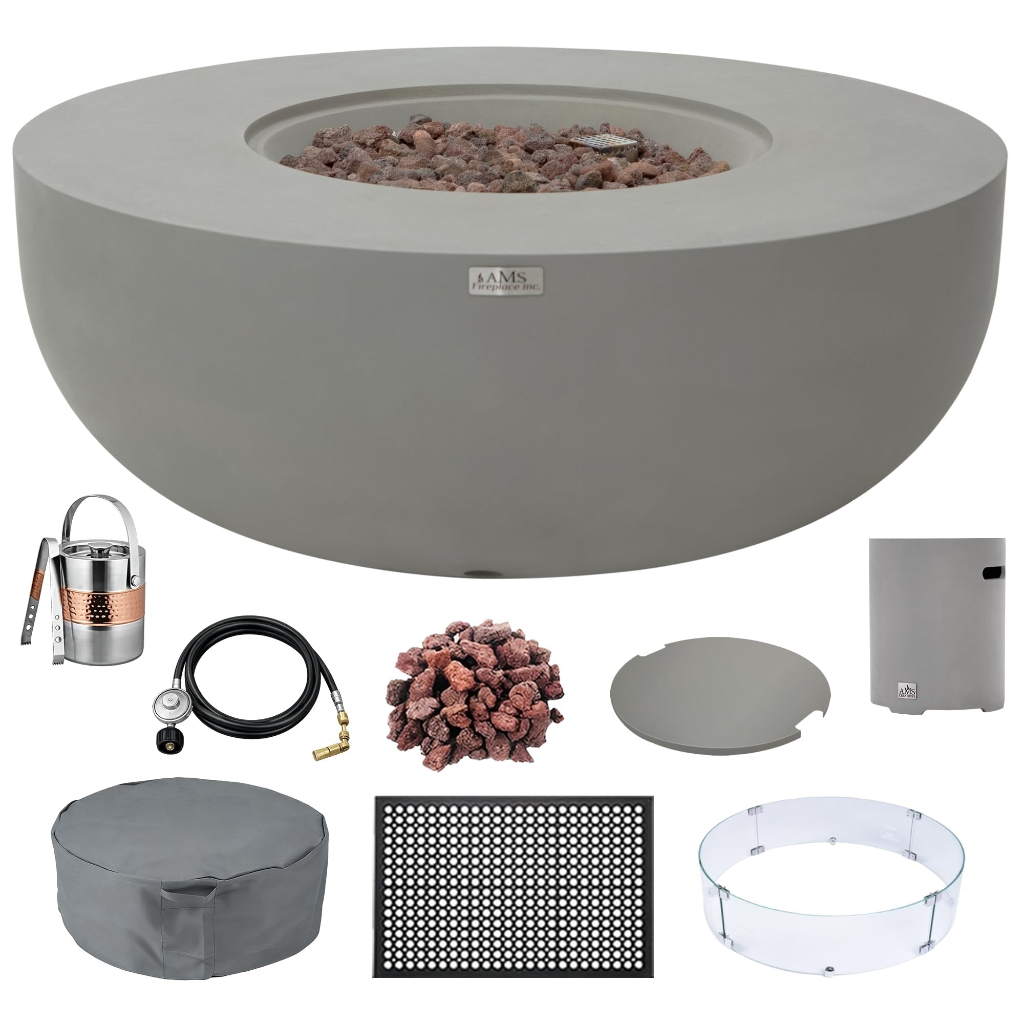 AMS 44" Round Concrete Propane Gas Fire Pit Table Bowl Bundle (Light Gray)