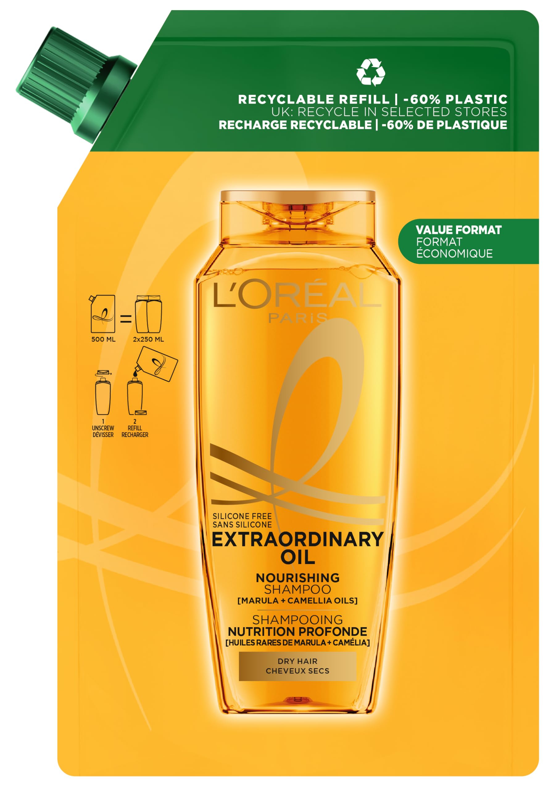 L'Oréal Paris Elvive Extraordinary Oil Nourishing Shampoo Recyclable Refill Pouch, with Marula & Camellia Oils, for Dry Hair, Suitable for all hair textures, -60% less plastic, Value format, 500ml