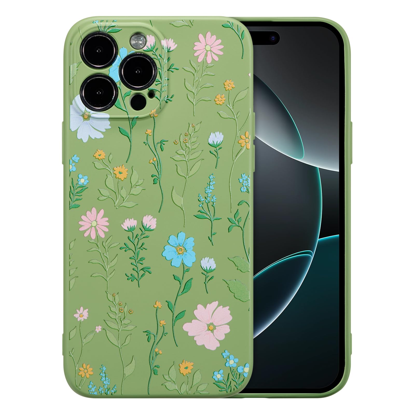 RALEAVO Floral Case for iPhone 16 Pro,Liquid Silicone Cover with Flower Cosmos Pattern Cute Phone Cover for Girls Women Slim Soft Rubber Protective