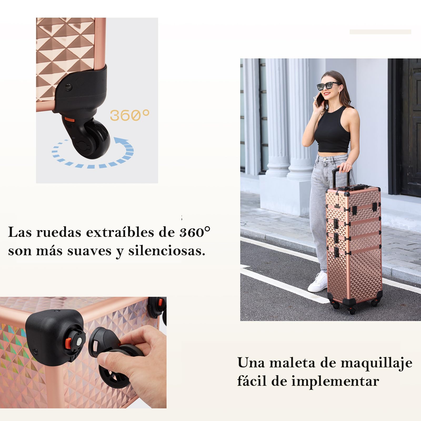 Maleta Maquillaje 4 en 1 Maletin Maquillaje Rueda de Gran Capacidad Caja Maquillaje Maletin de Cosméticos portátil con Cerradura Organizador de Maquillaje, Oro Rosa