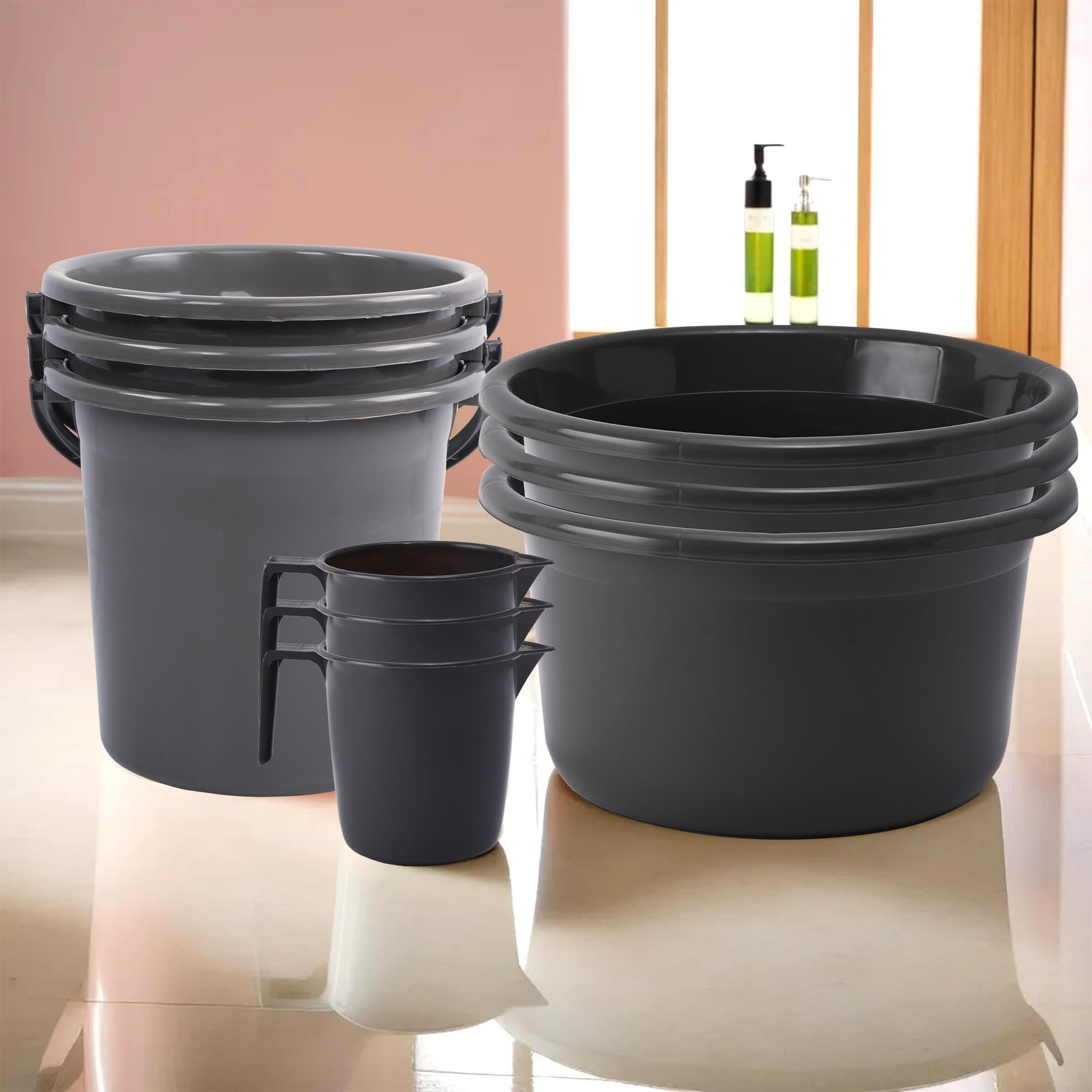 Kuber Industries Set of 9 Bathroom Combo Set | Bathing Set | Bathware Set | 3 Piece Tub-3 Piece Bucket & 3 Piece Mug Combo Set for Bathroom | Bathroom Accessories Set | Gray
