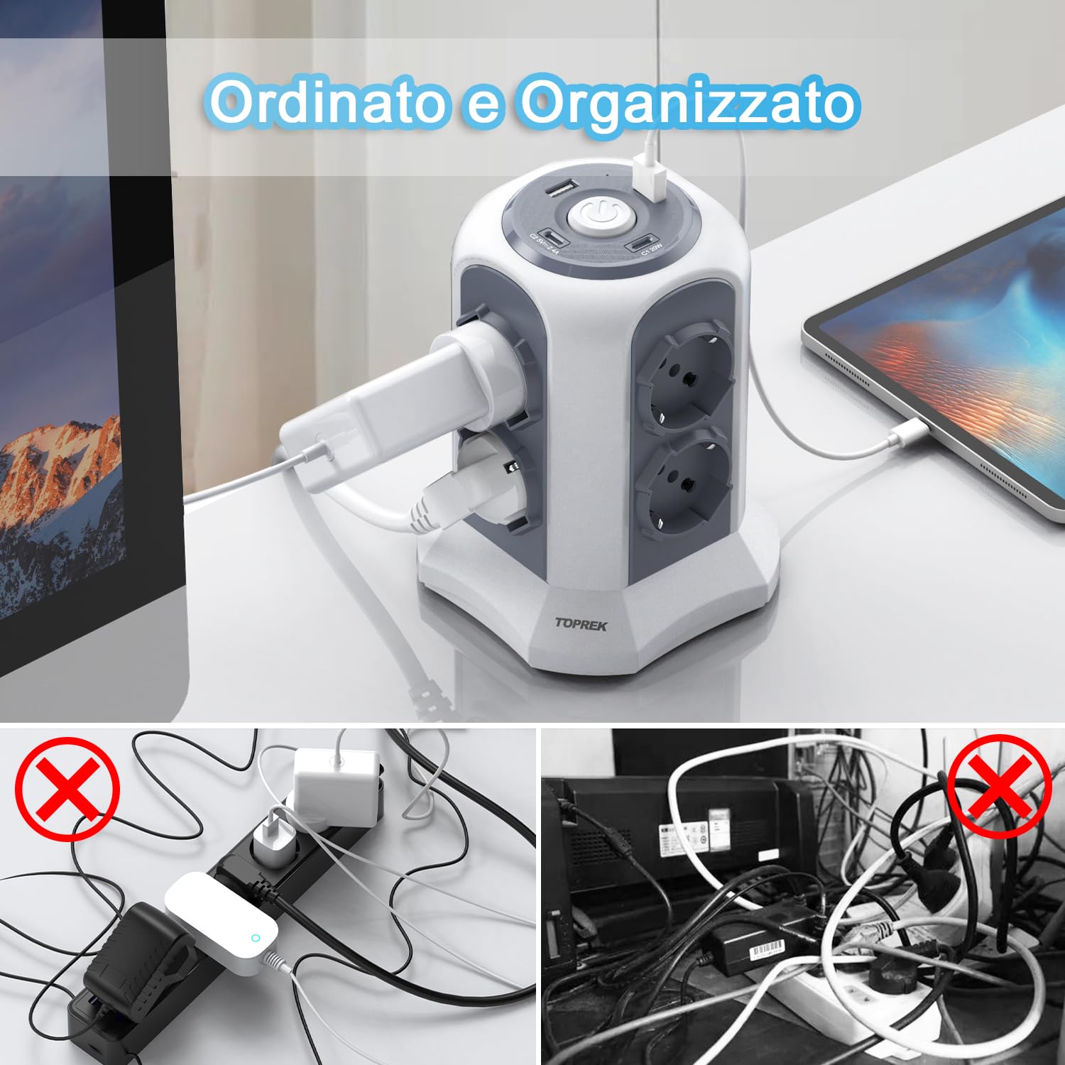 TOPREK Regleta Vertical con 8 Tomas Universales ITA 10/16A y Schuko y 2 USB C y 2 USB A (USB-C1 20W PD3.0 Carga Rápida), 4000W/16A, Regleta con Interruptor, Cable de 2M, Enchufe 16A, Oscuro Gris | 2 tipo C (20 W PD3.0 carga rápida) y 2 tipo A y 8 universa