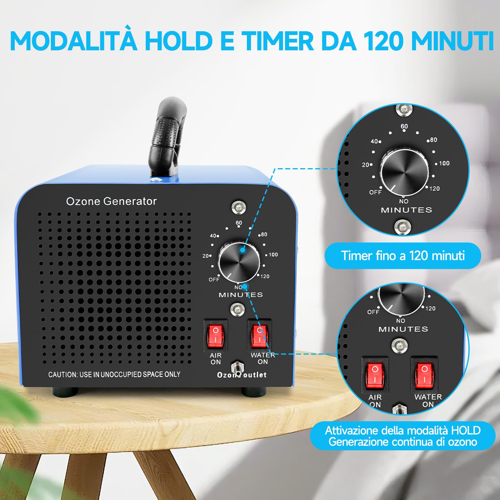 Generatore di Ozono, 32000 mg/h, Purificatore d'aria con 2 Modalità (Aria/Acqua), Ozonizzatore d'aria con Timer da 120 Min, per Stanze, Uffici, Garage, Auto, Fumo e Animali Blu