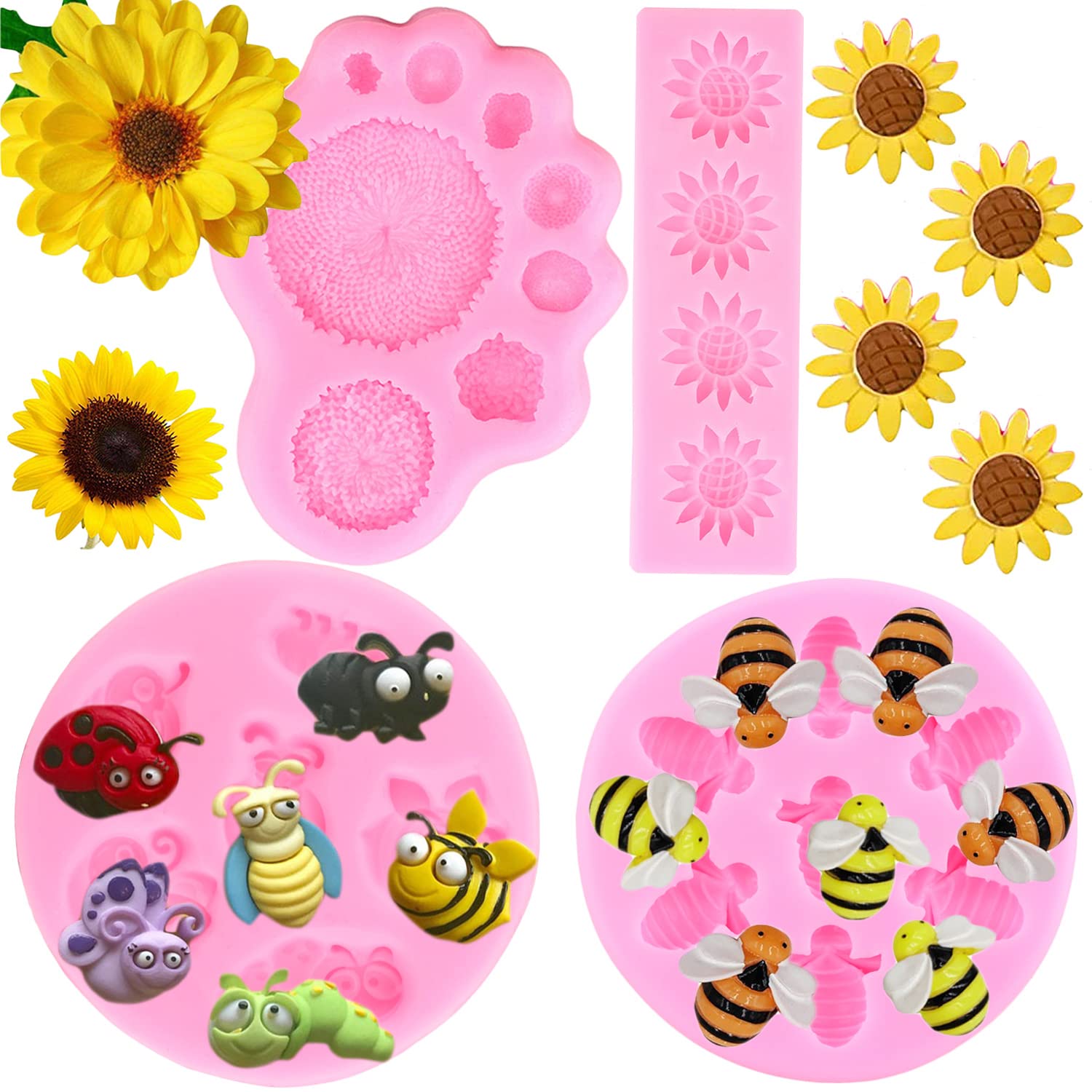 Mujiang Sunflower Silicone Fondant Molds Flower Bumble Bee Mold For Cake Decorating Cupcake Topper Chocolate Gum Paste Candy Polymer Clay Set Of 4
