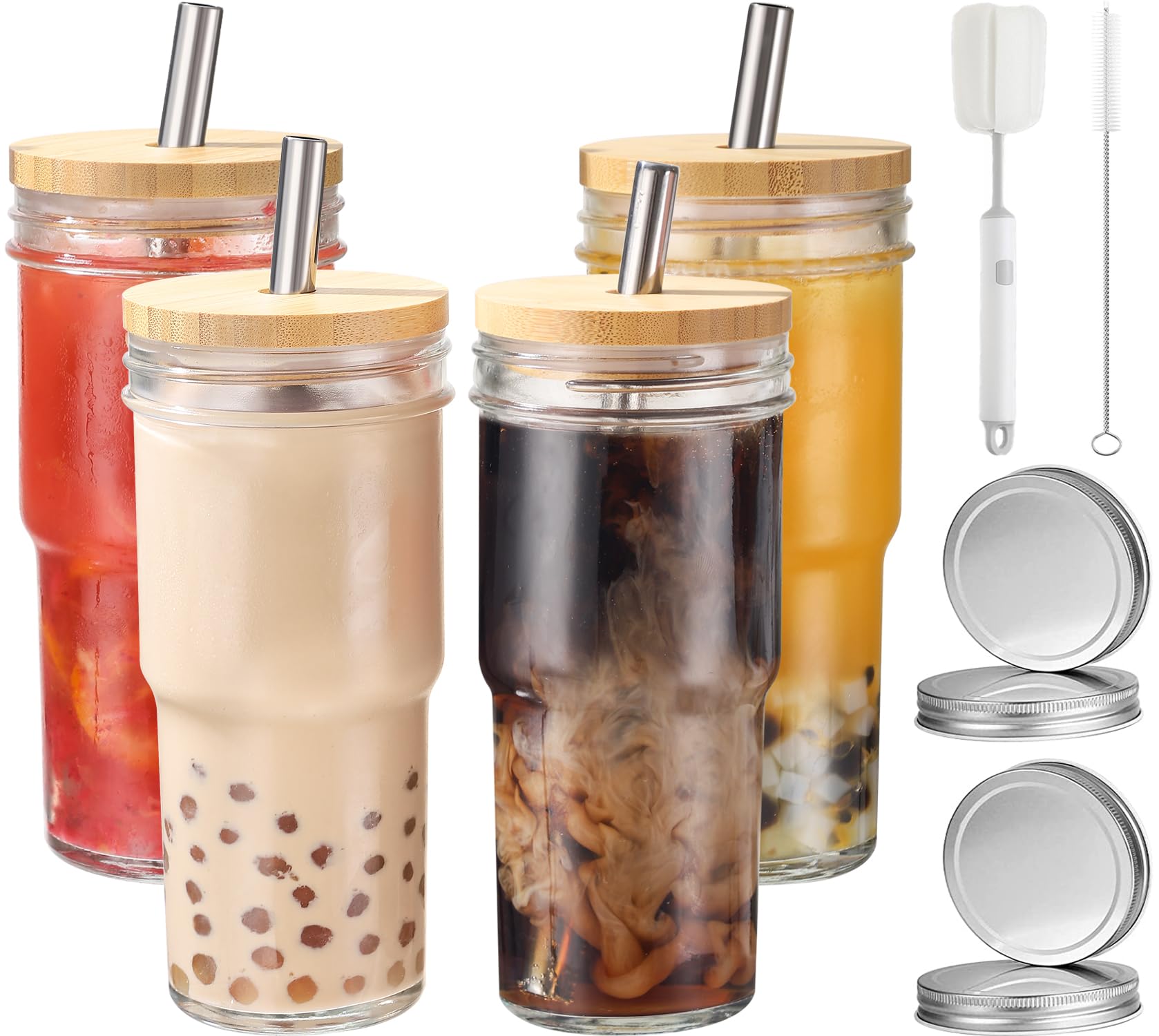 CJWLKJ 4 Pcs 24 Oz Glass Cups Tumbler with Lids and Straws & 4 Airtight Lids, Reusable Boba Bubble Tea Cups, Wide Mouth Mason Jar Drinking Glasses Iced Coffee Cups for Smoothie, Gift